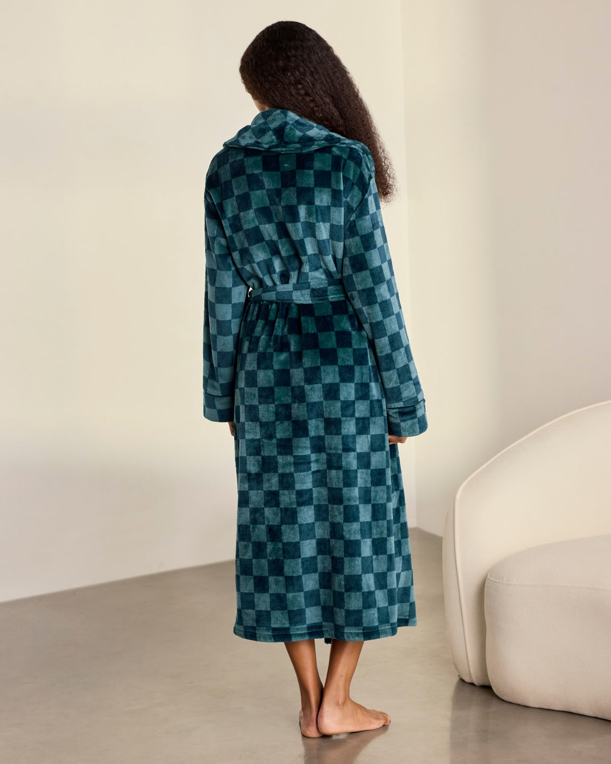Fleece Checkerboard Dressing Gown - Teal