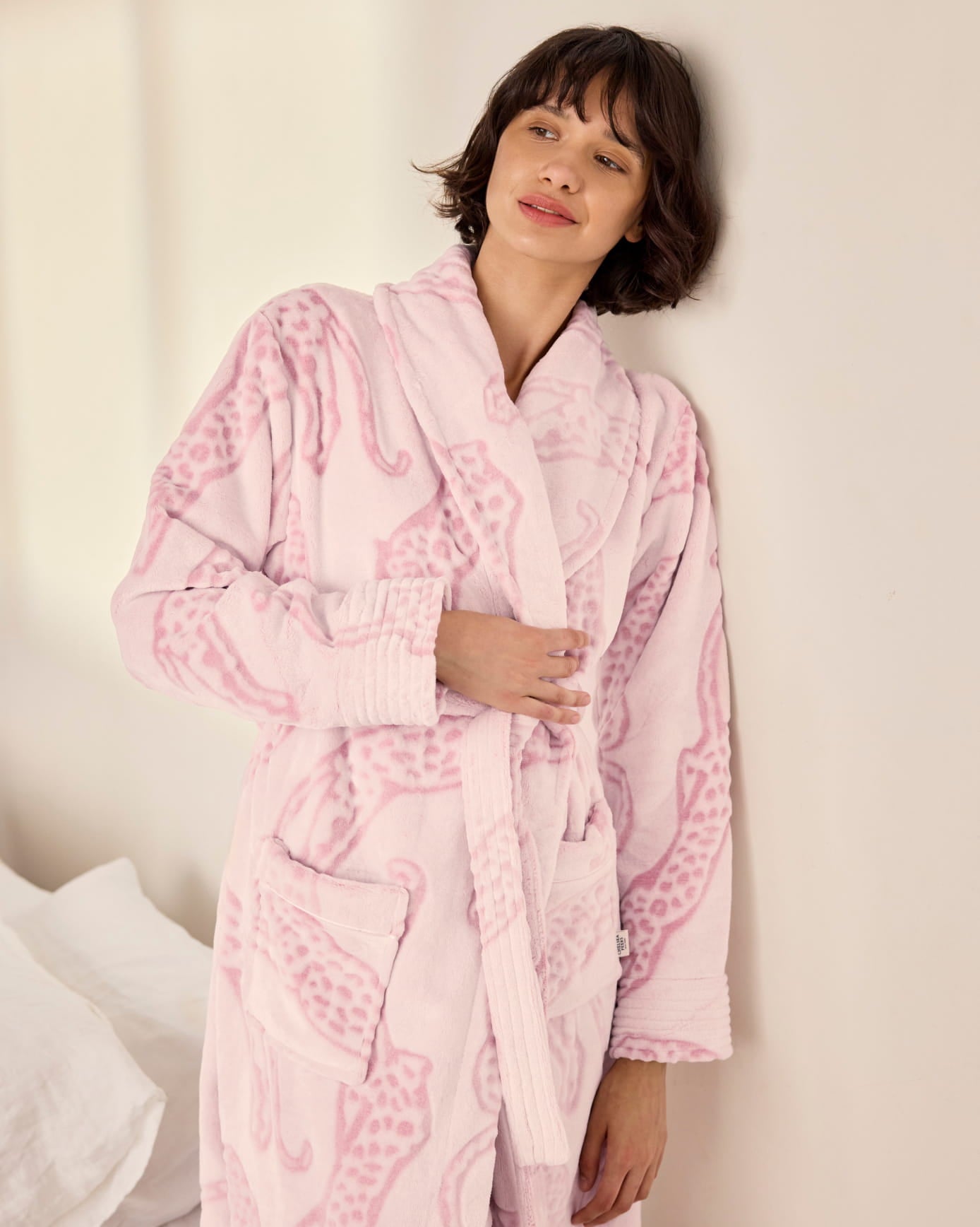 Fleece Burnout Lino Cut Leopard Print Long Dressing Gown