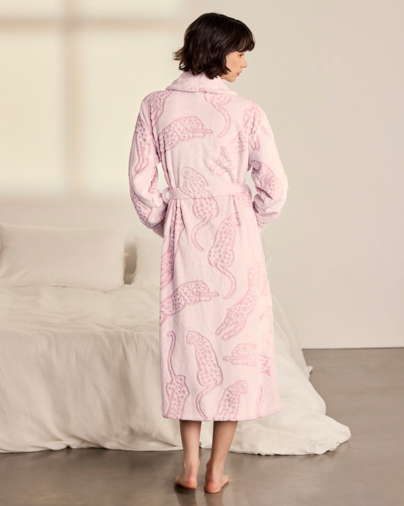 Fleece Burnout Lino Cut Leopard Print Long Dressing Gown