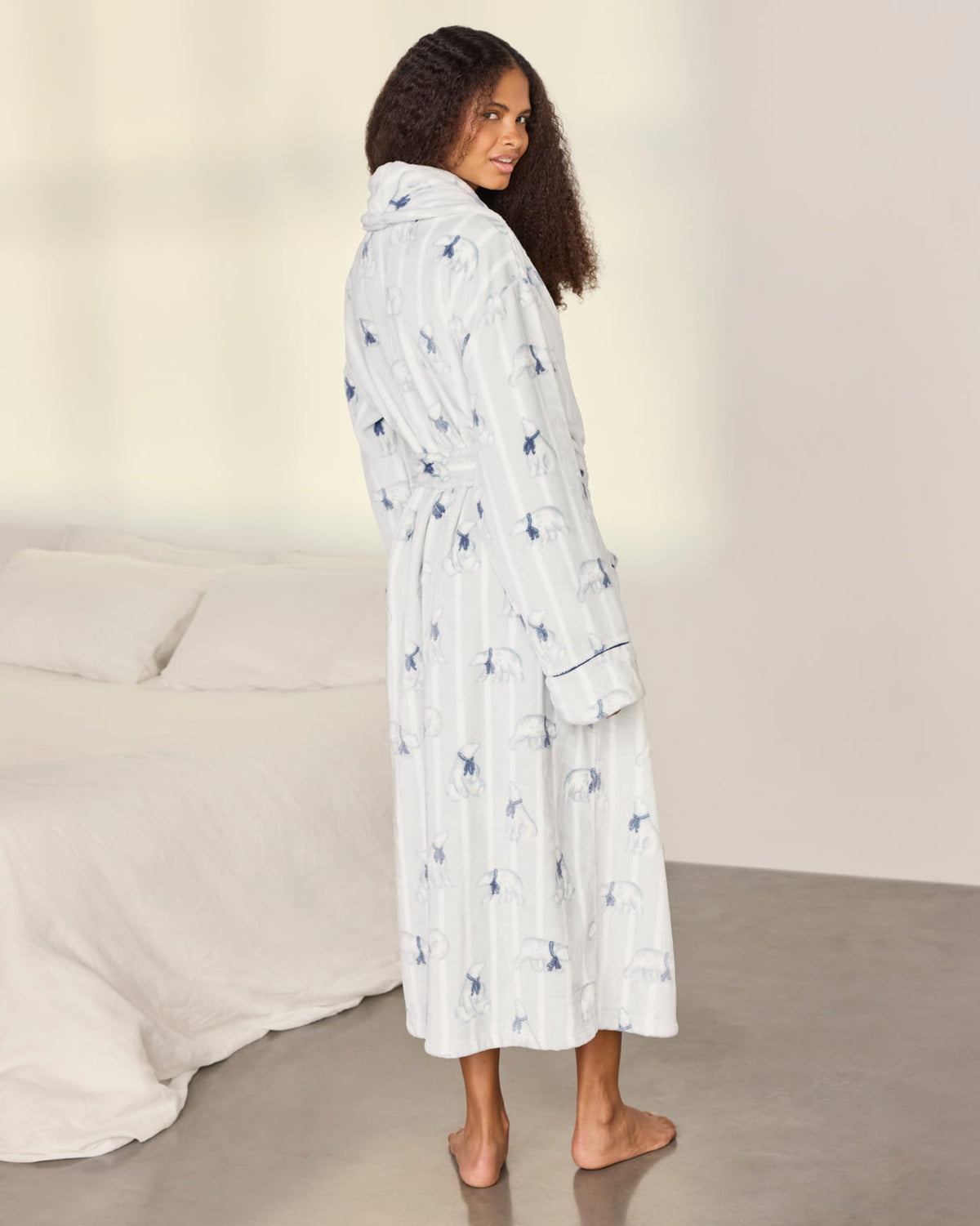 Fleece Polar Bear Stripe Print Dressing Gown