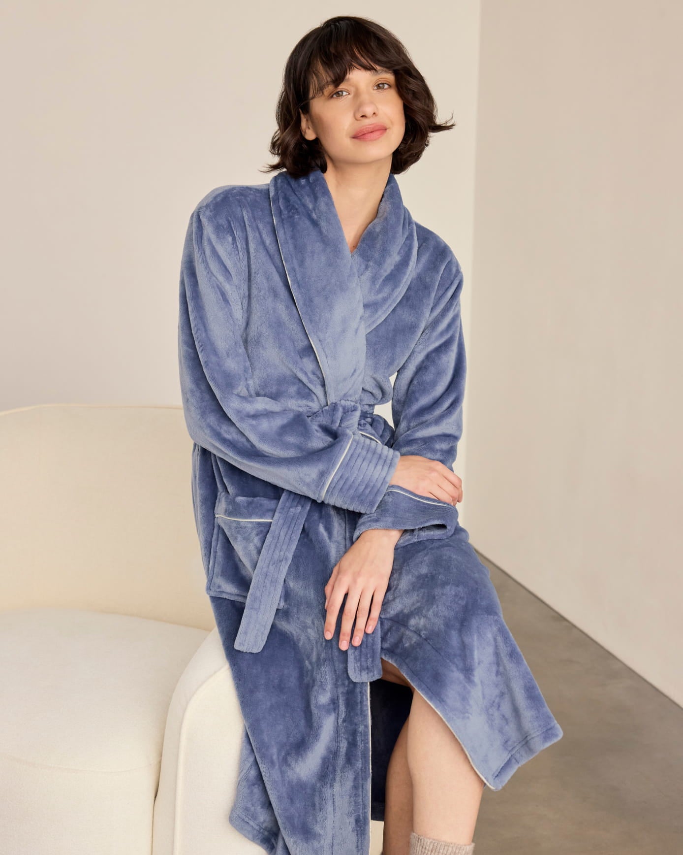 Fleece Long Dressing Gown - Blue