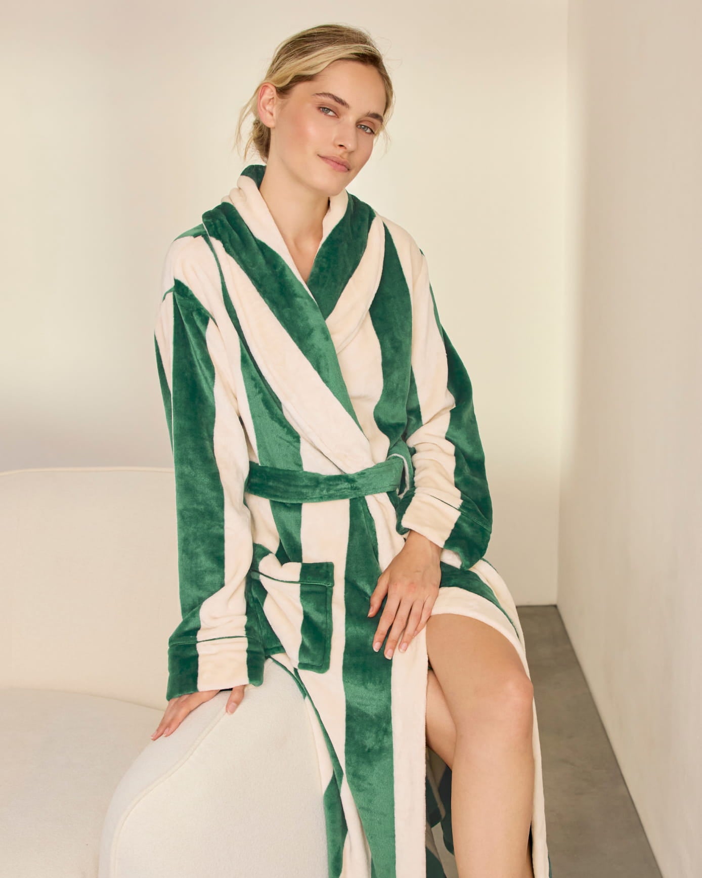 Fleece Stripe Long Dressing Gown - Dark Green