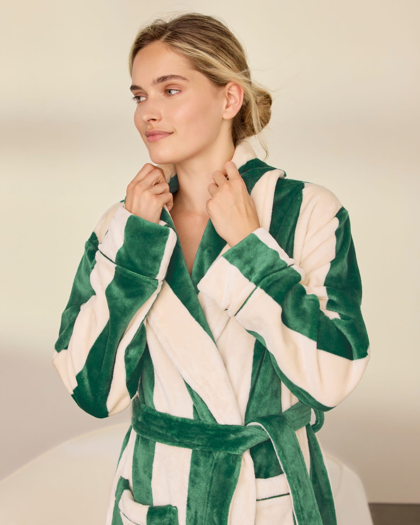 Fleece Stripe Long Dressing Gown - Dark Green
