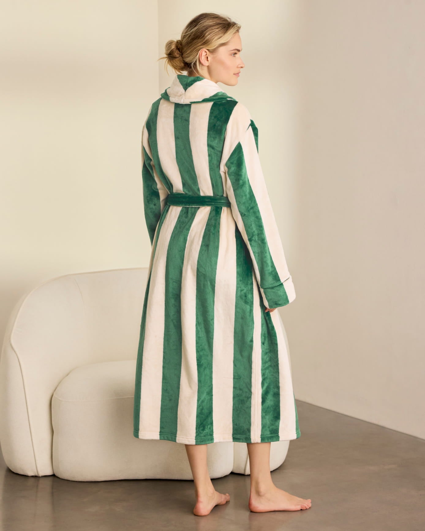 Fleece Stripe Long Dressing Gown - Dark Green