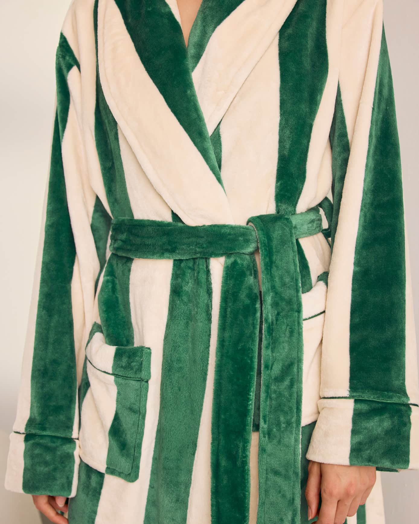 Fleece Stripe Long Dressing Gown - Dark Green