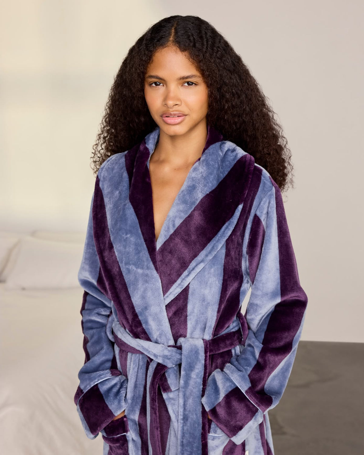 Fleece Stripe Long Dressing Gown - Blueberry