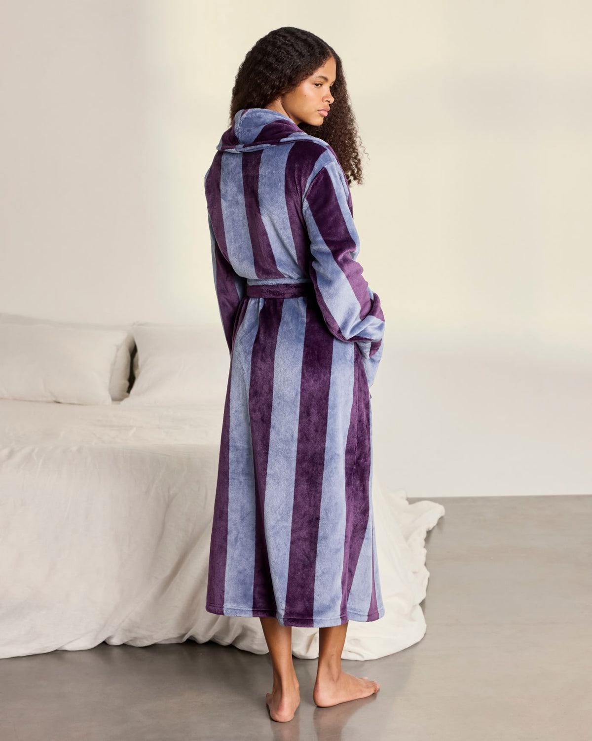 Fleece Stripe Long Dressing Gown - Blueberry