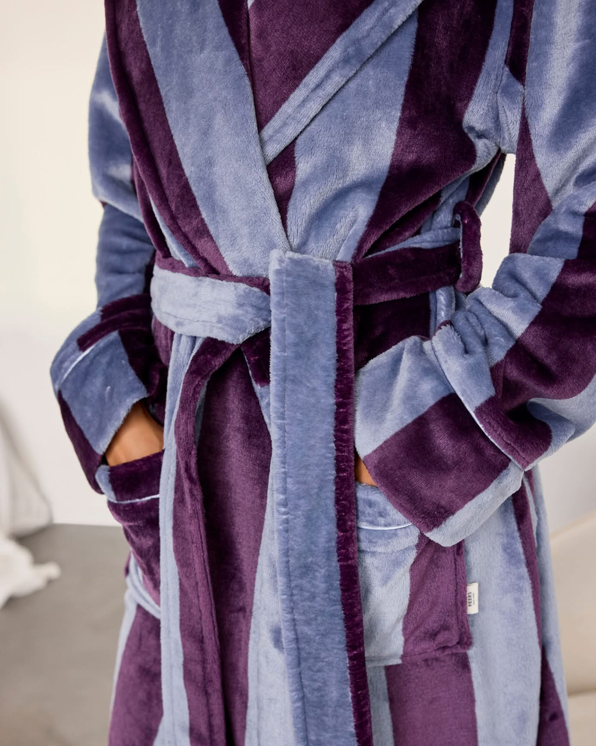 Fleece Stripe Long Dressing Gown - Blueberry