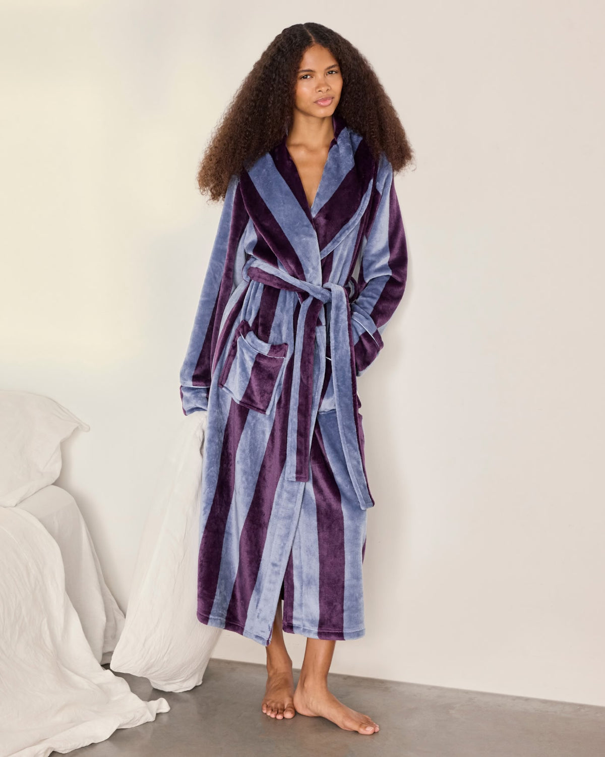 Fleece Stripe Long Dressing Gown - Blueberry