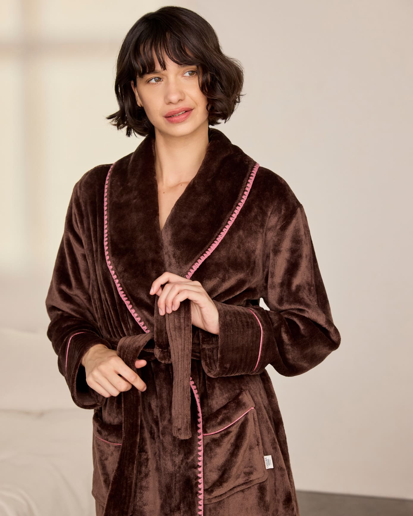 Fleece Long Dressing Gown - Brown & Pink