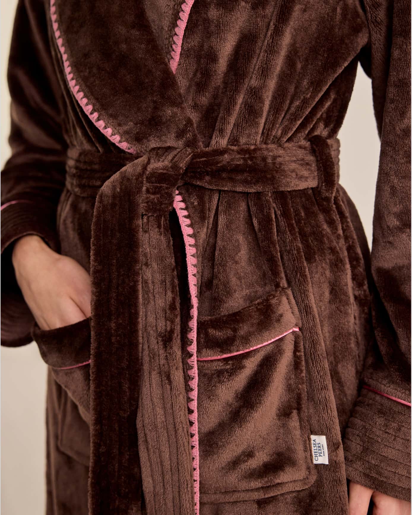Fleece Long Dressing Gown - Brown & Pink
