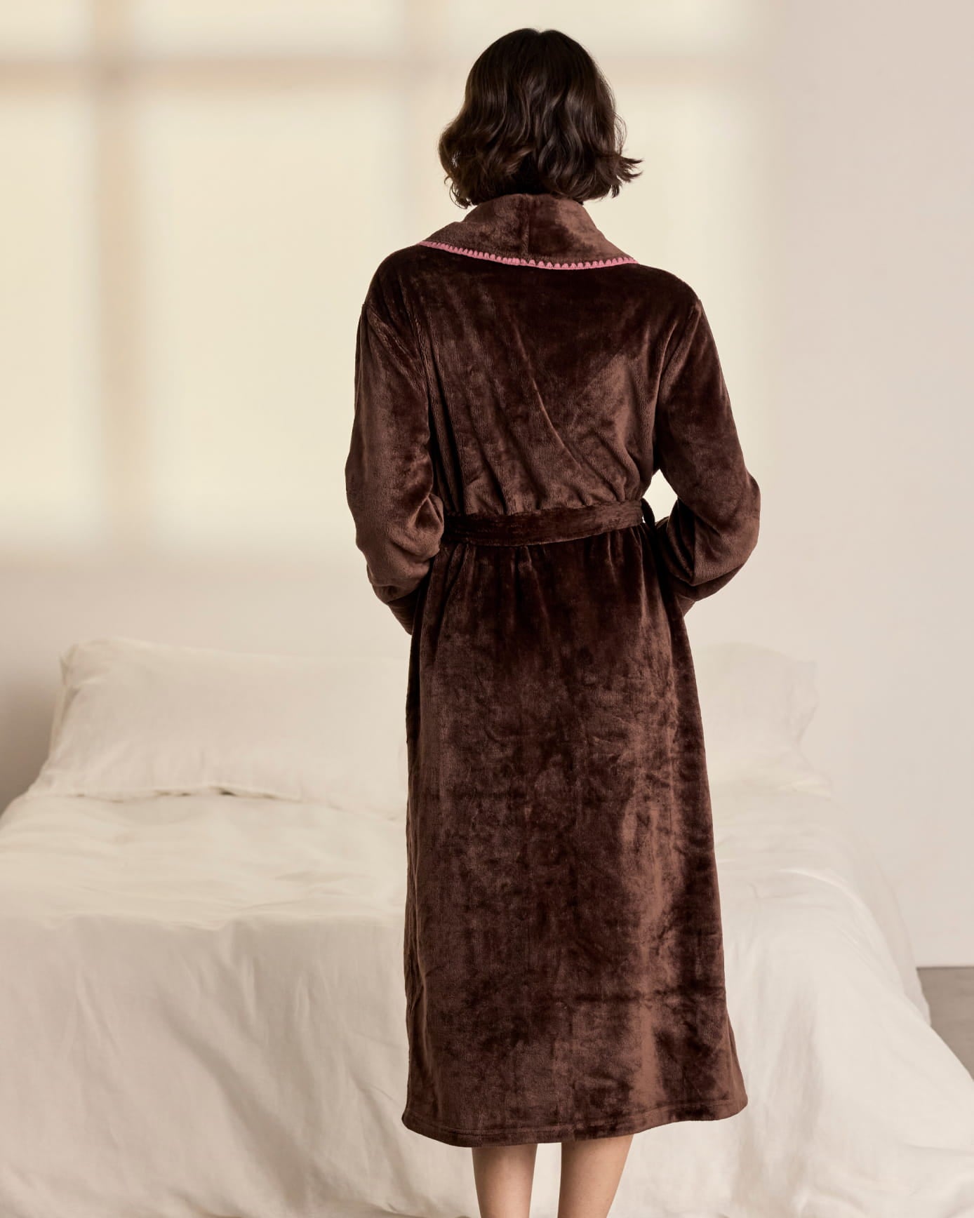 Fleece Long Dressing Gown - Brown & Pink