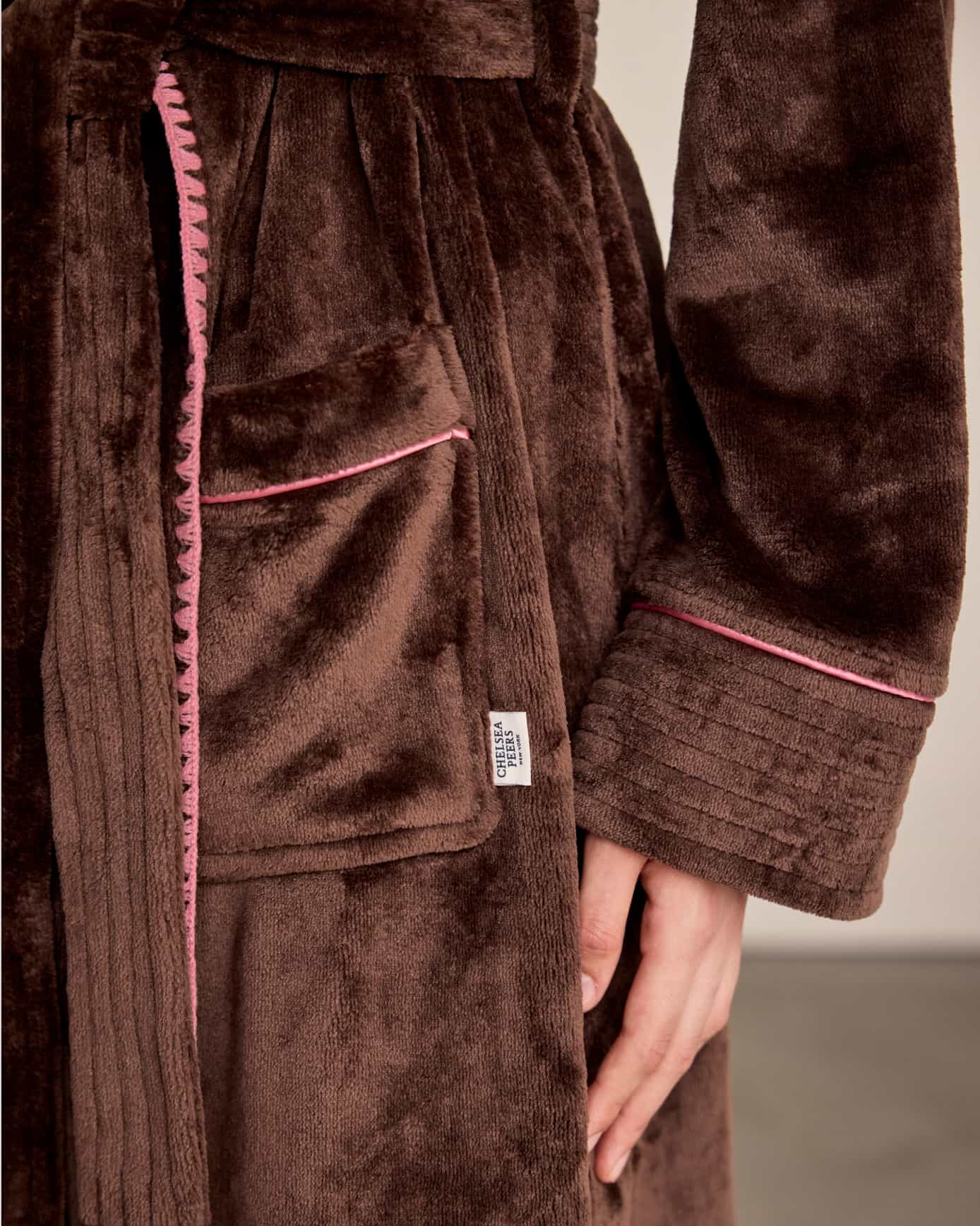 Fleece Long Dressing Gown - Brown & Pink