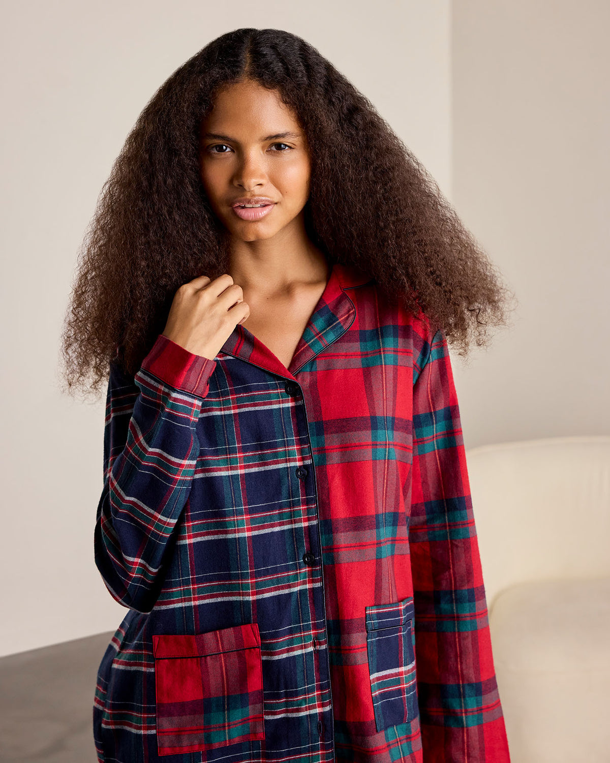 Organic Cotton Contrast Tartan Button Up Long Pyjama Set