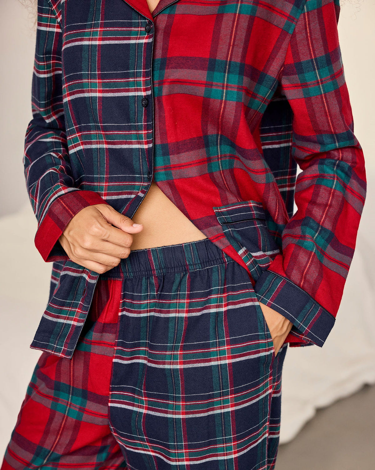 Organic Cotton Contrast Tartan Button Up Long Pyjama Set