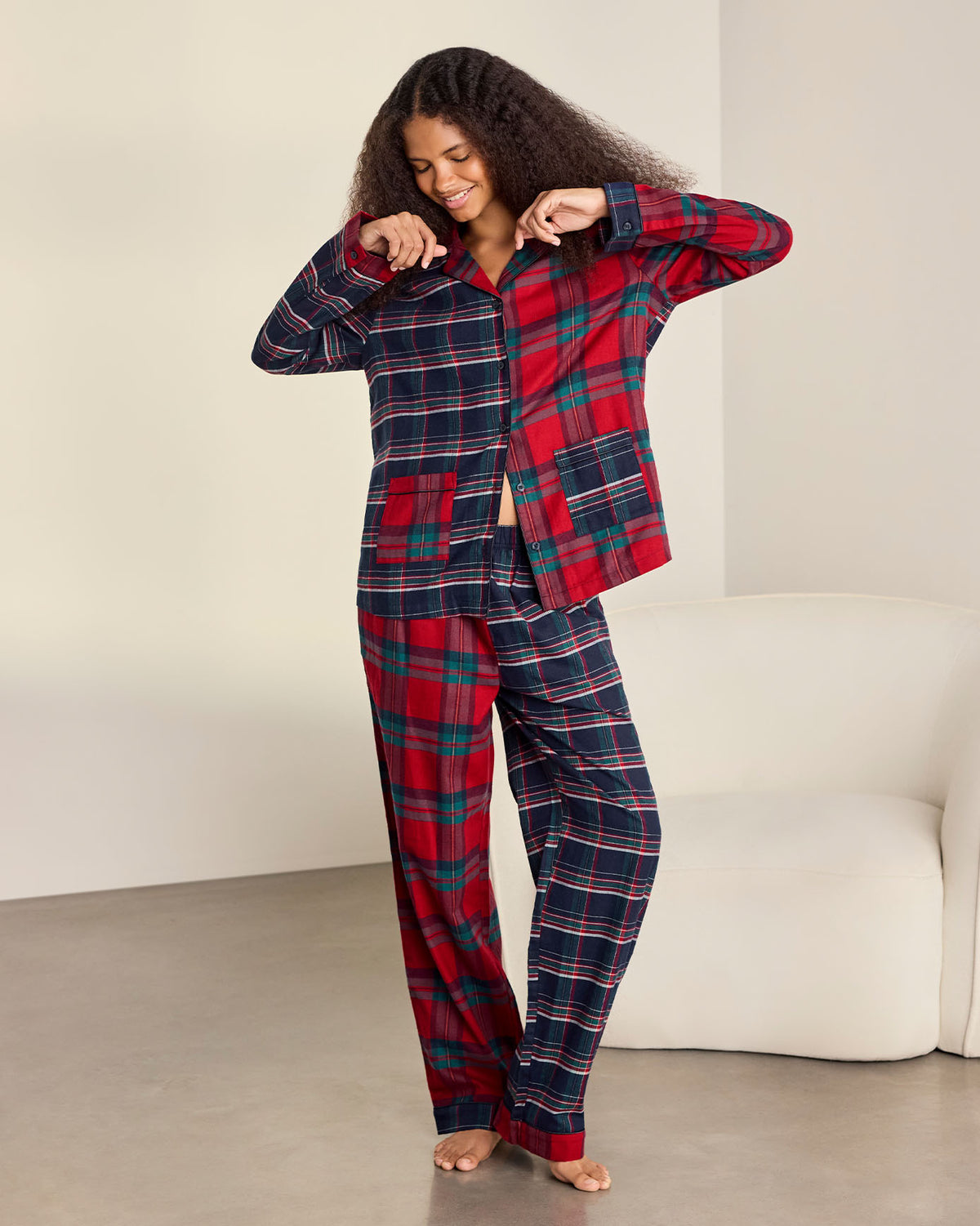 Organic Cotton Contrast Tartan Button Up Long Pyjama Set