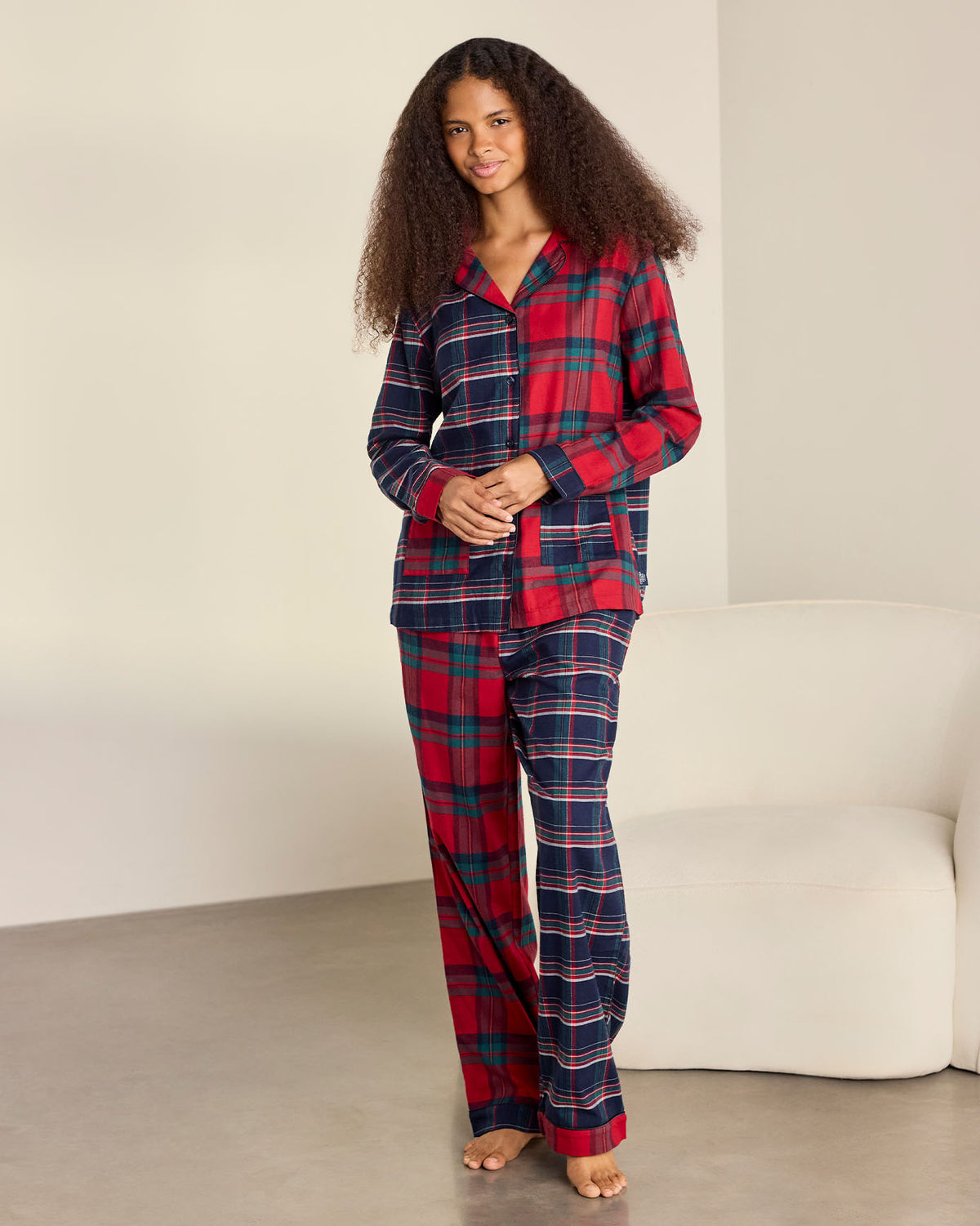 Organic Cotton Contrast Tartan Button Up Long Pyjama Set