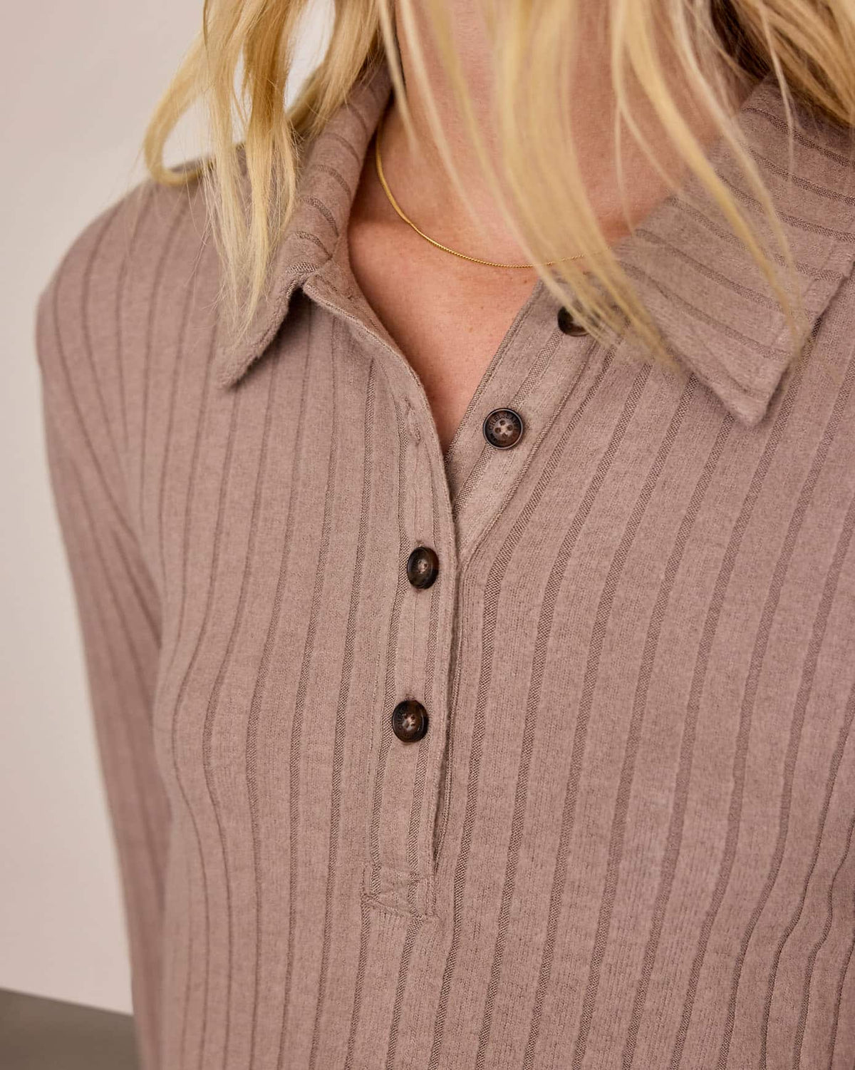 Ribbed Knit Long-Sleeved Polo Shirt - Taupe