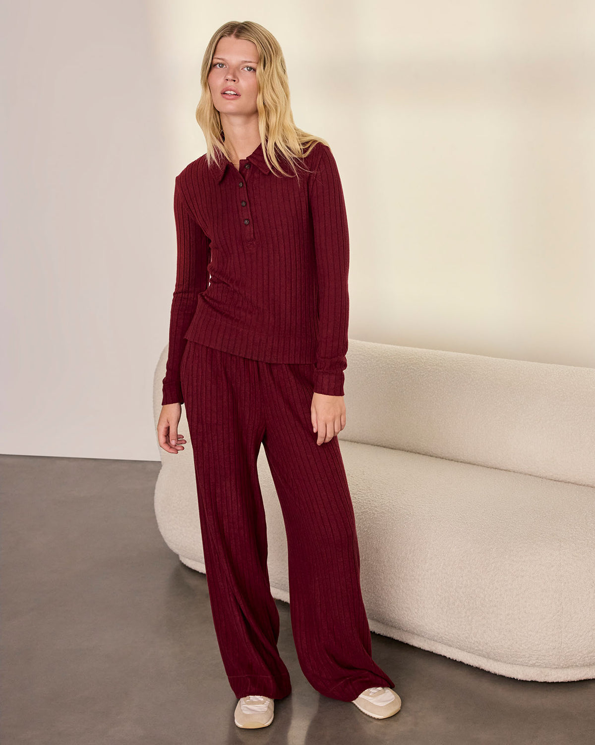 Ribbed Knit Long-Sleeved Polo Shirt - Burgundy