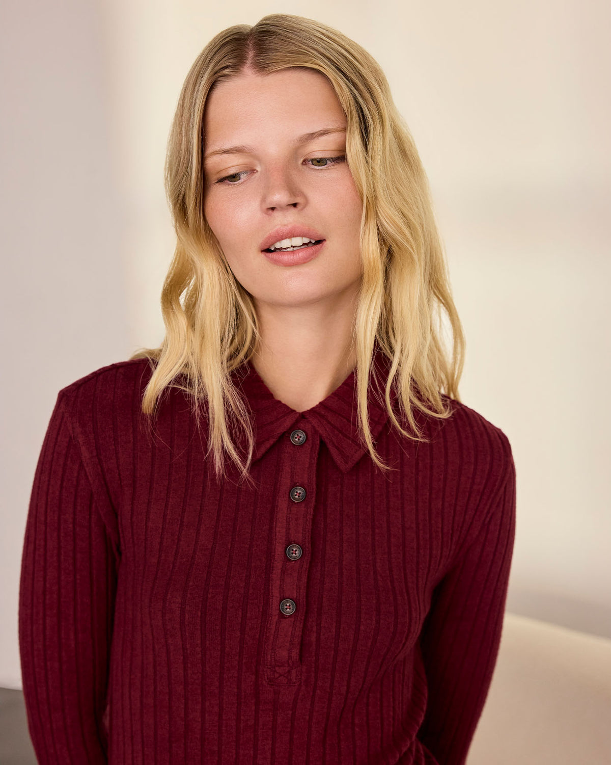 Ribbed Knit Long-Sleeved Polo Shirt - Burgundy
