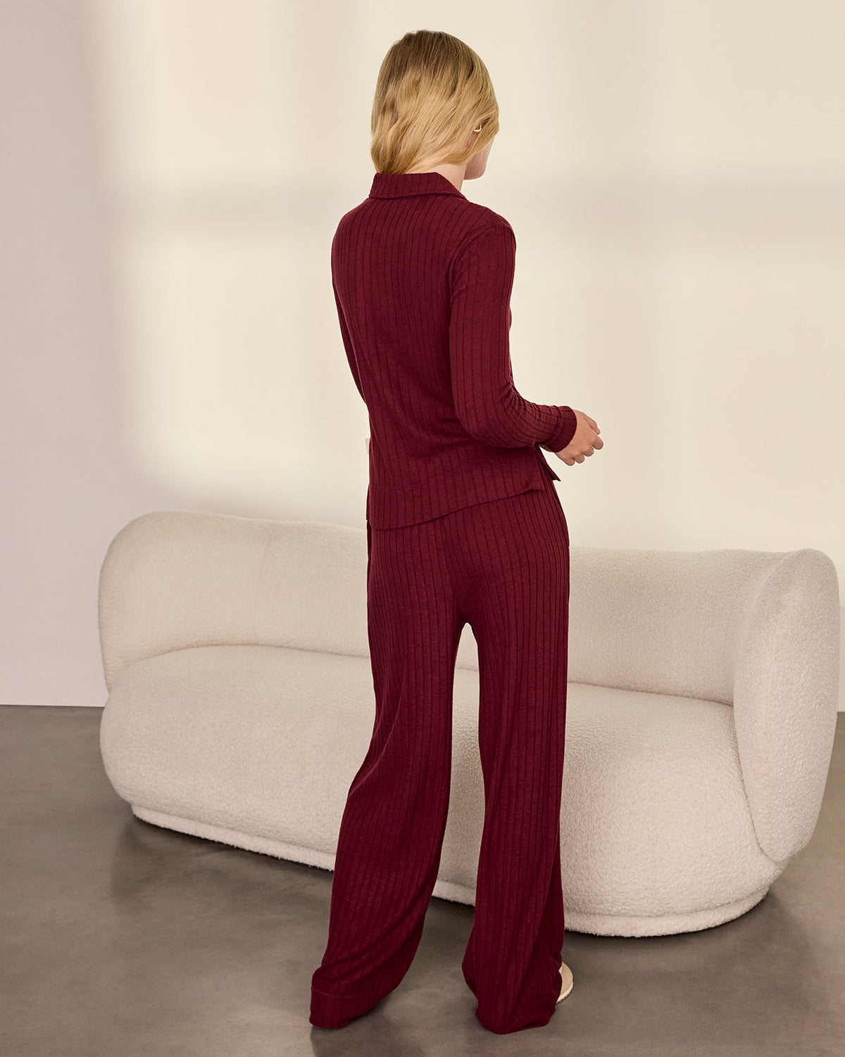 Ribbed Knit Long-Sleeved Polo Shirt - Burgundy