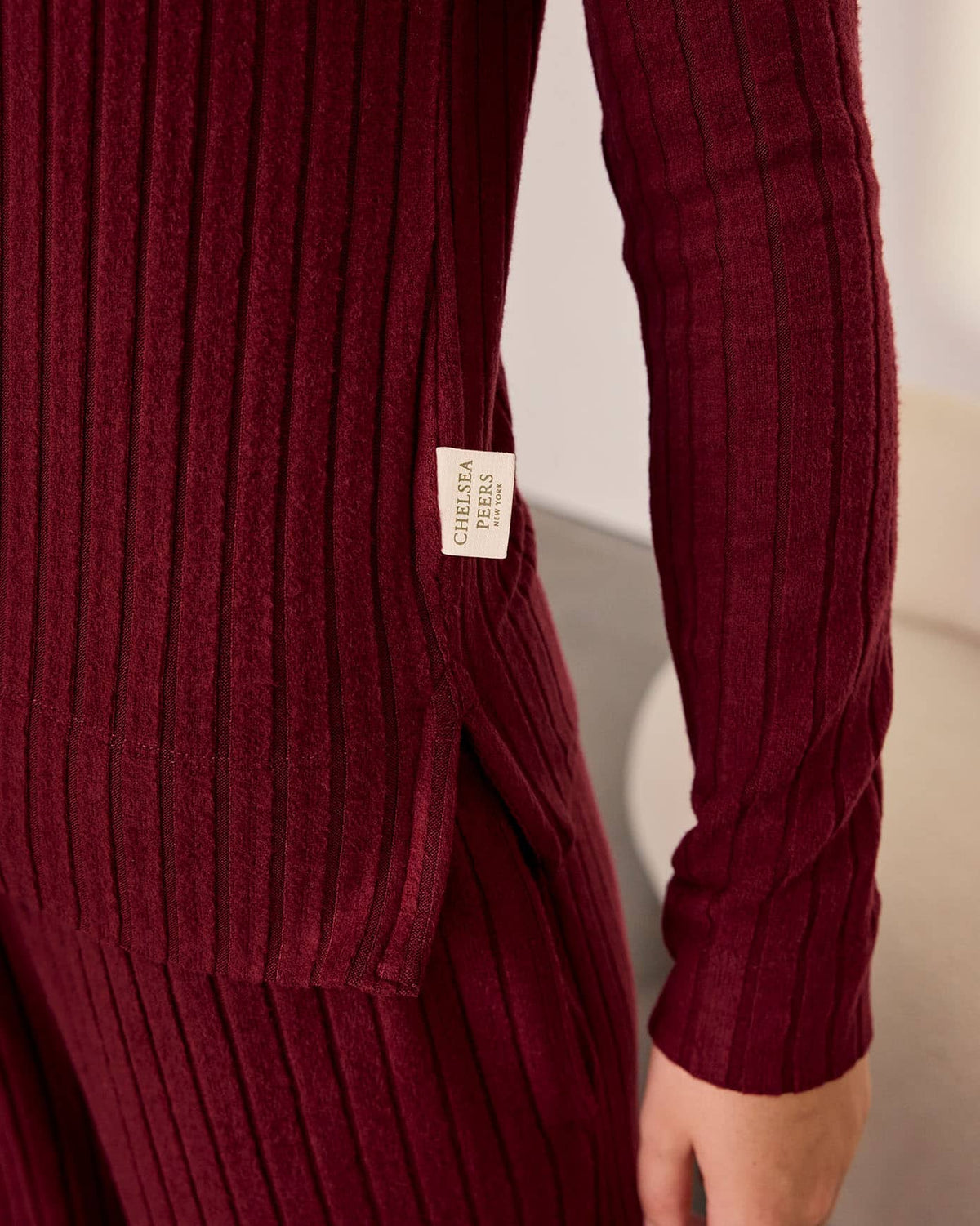 Ribbed Knit Long-Sleeved Polo Shirt - Burgundy