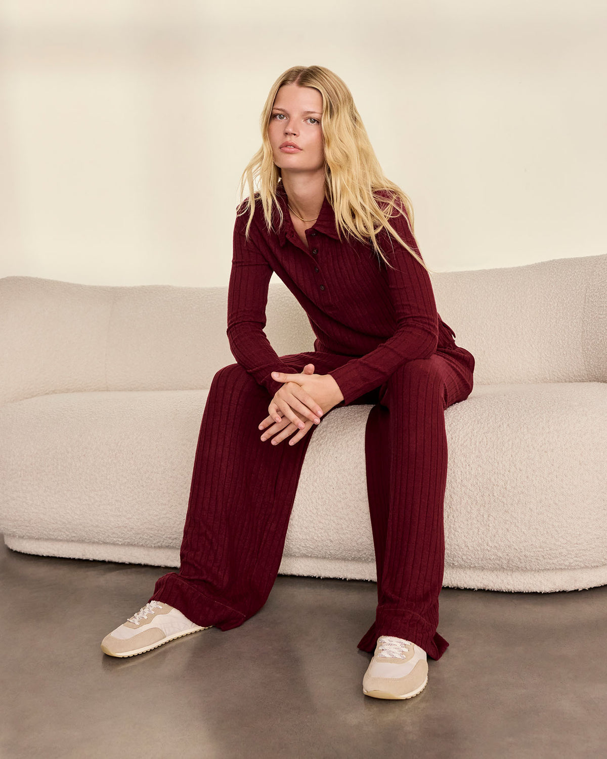 Ribbed Knit Long-Sleeved Polo Shirt - Burgundy