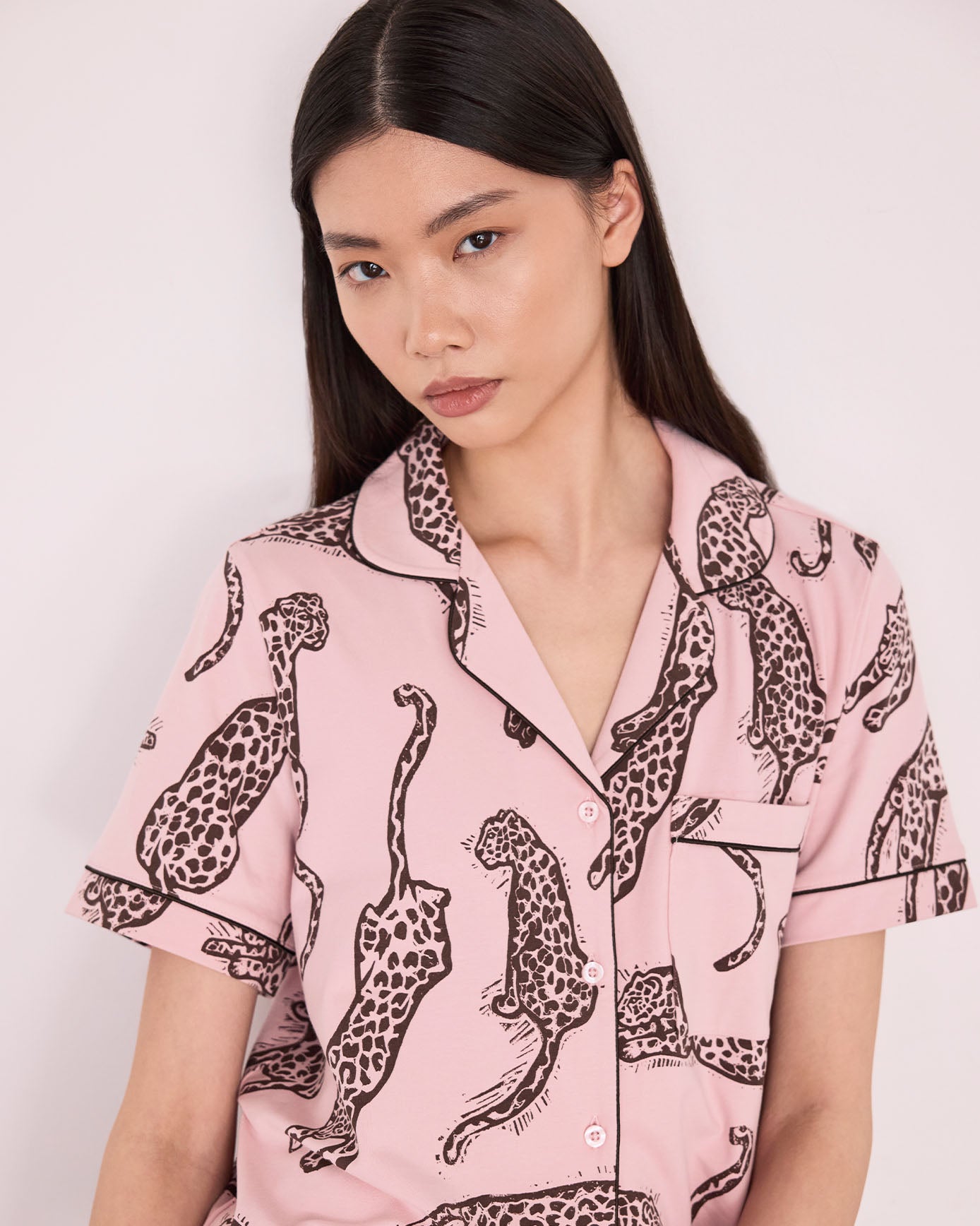 Organic Cotton Lino Cut Leopard Print Short Pyjama Set - Pink