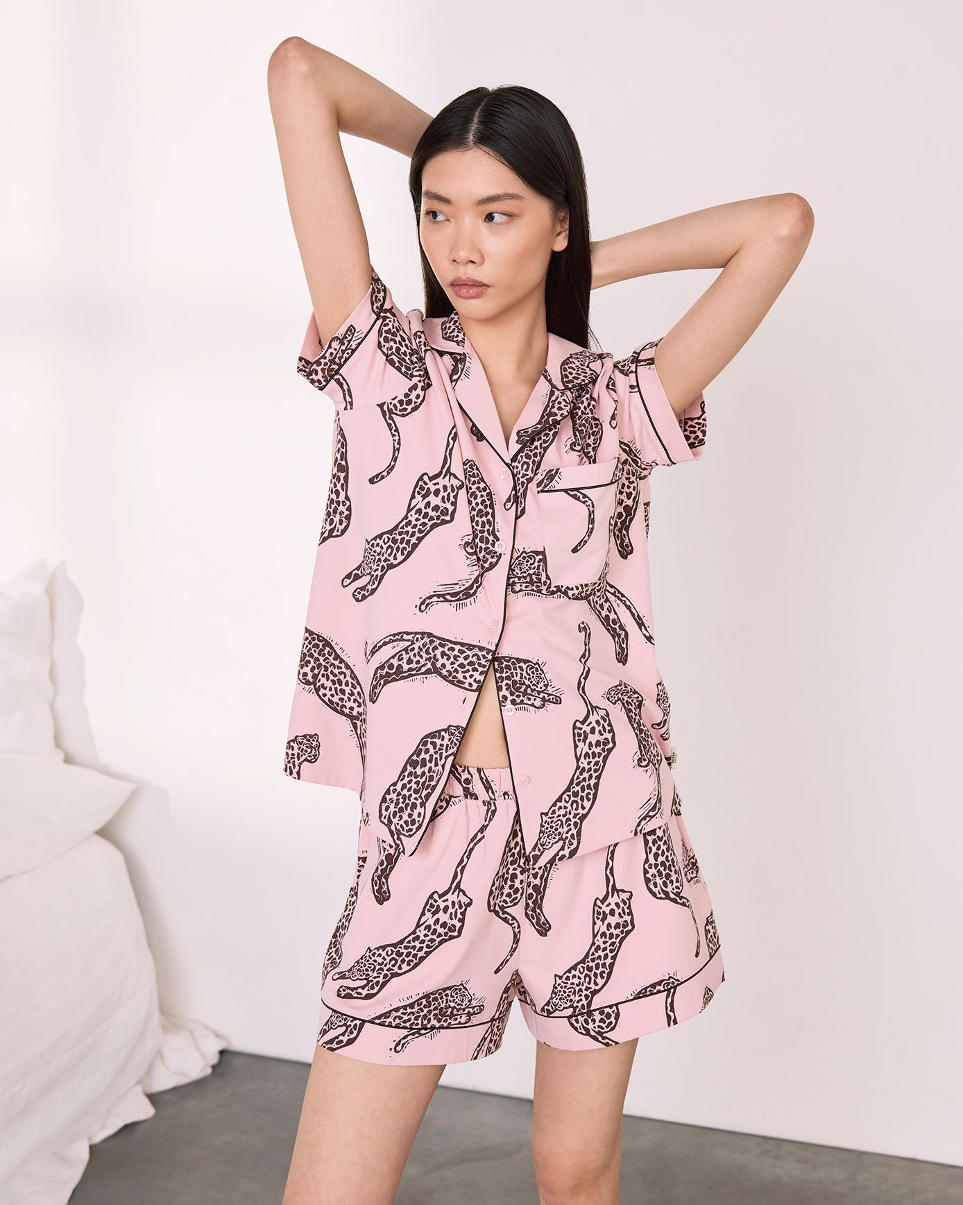 Organic Cotton Lino Cut Leopard Print Short Pyjama Set - Pink