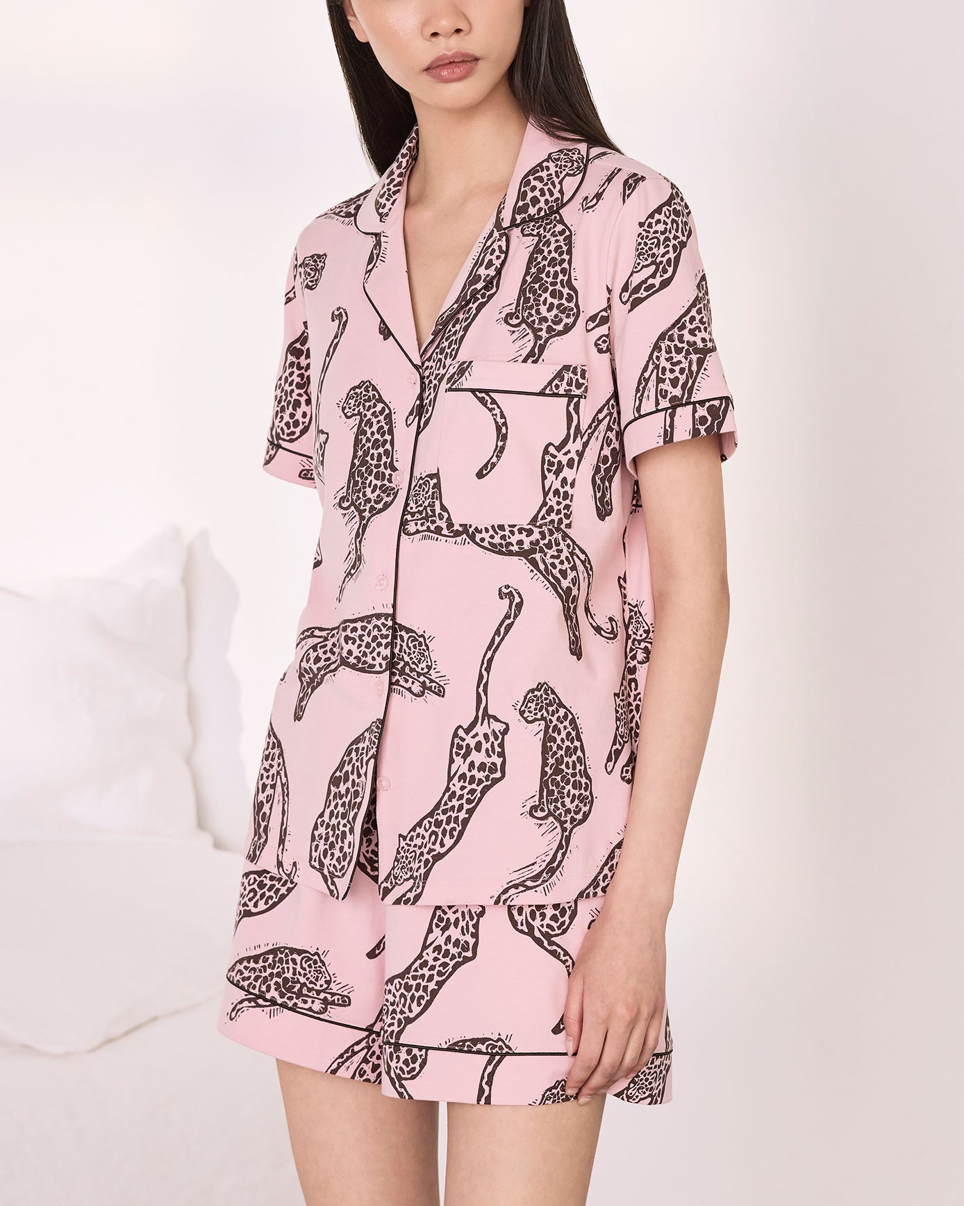 Organic Cotton Lino Cut Leopard Print Short Pyjama Set - Pink
