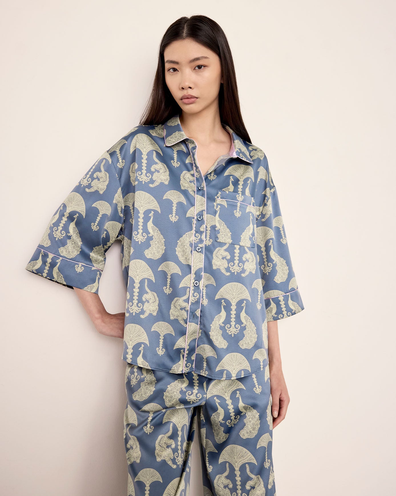 Satin Tigers & Peacocks Print Long Pyjama Set