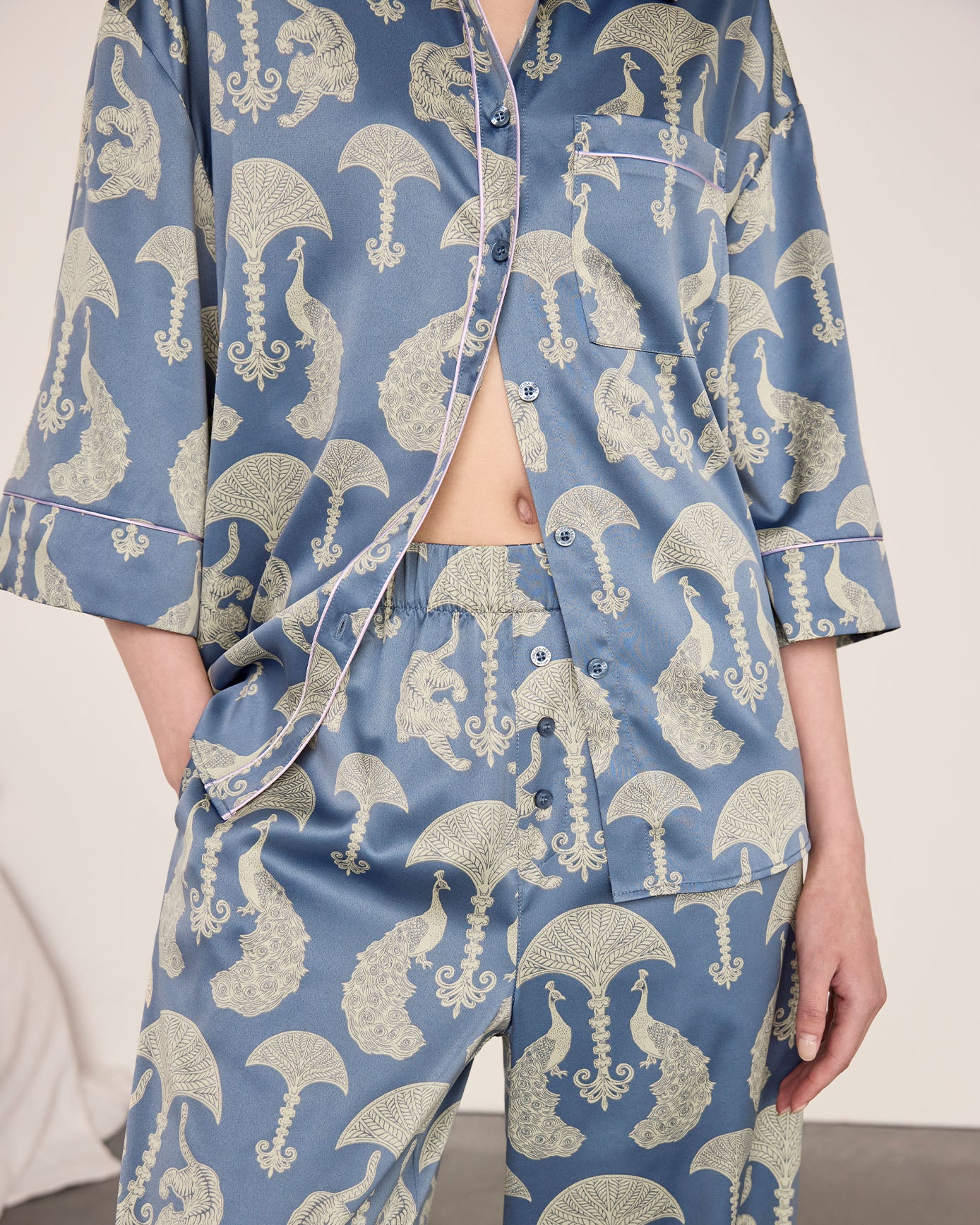 Satin Tigers & Peacocks Print Long Pyjama Set