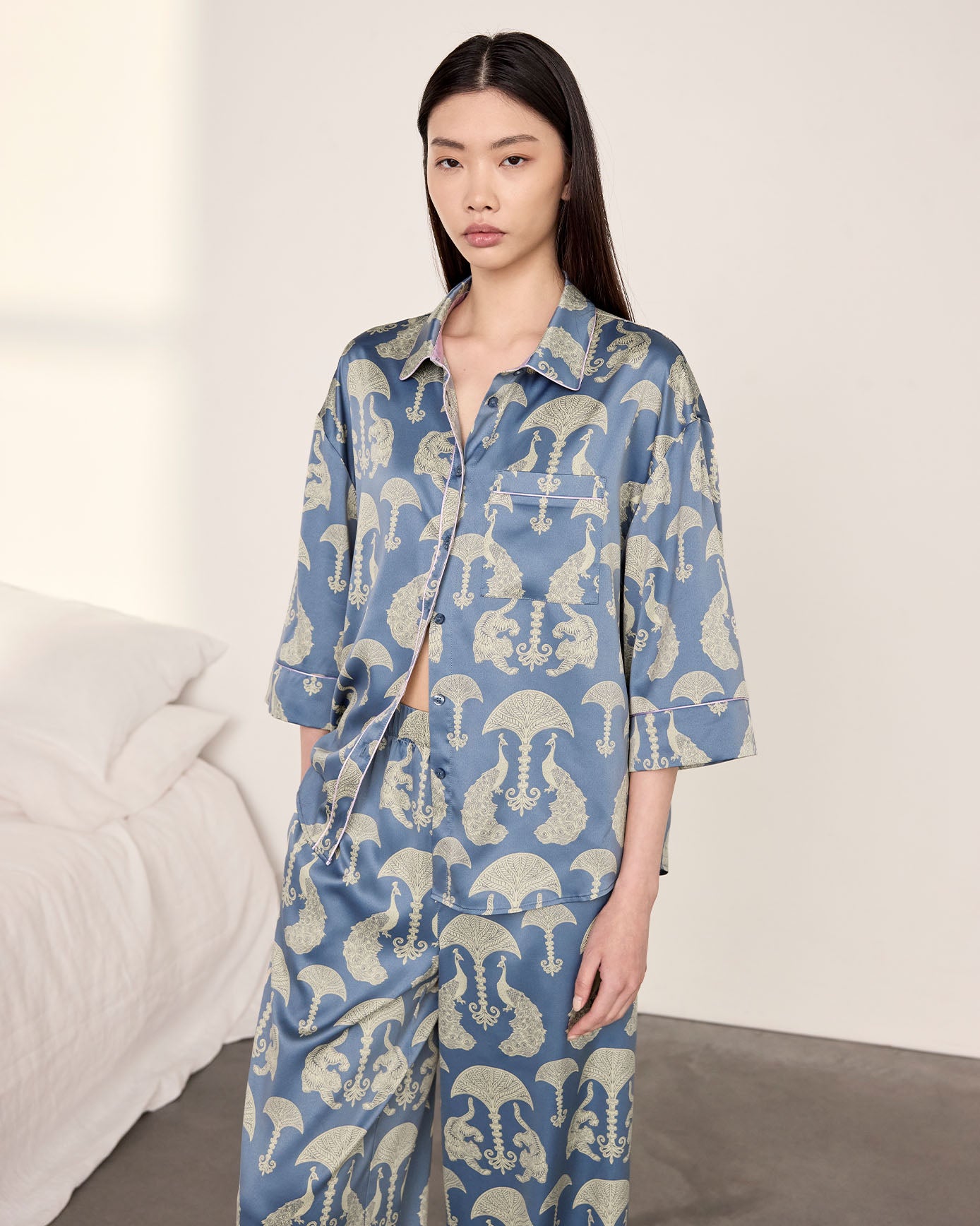Satin Tigers & Peacocks Print Long Pyjama Set
