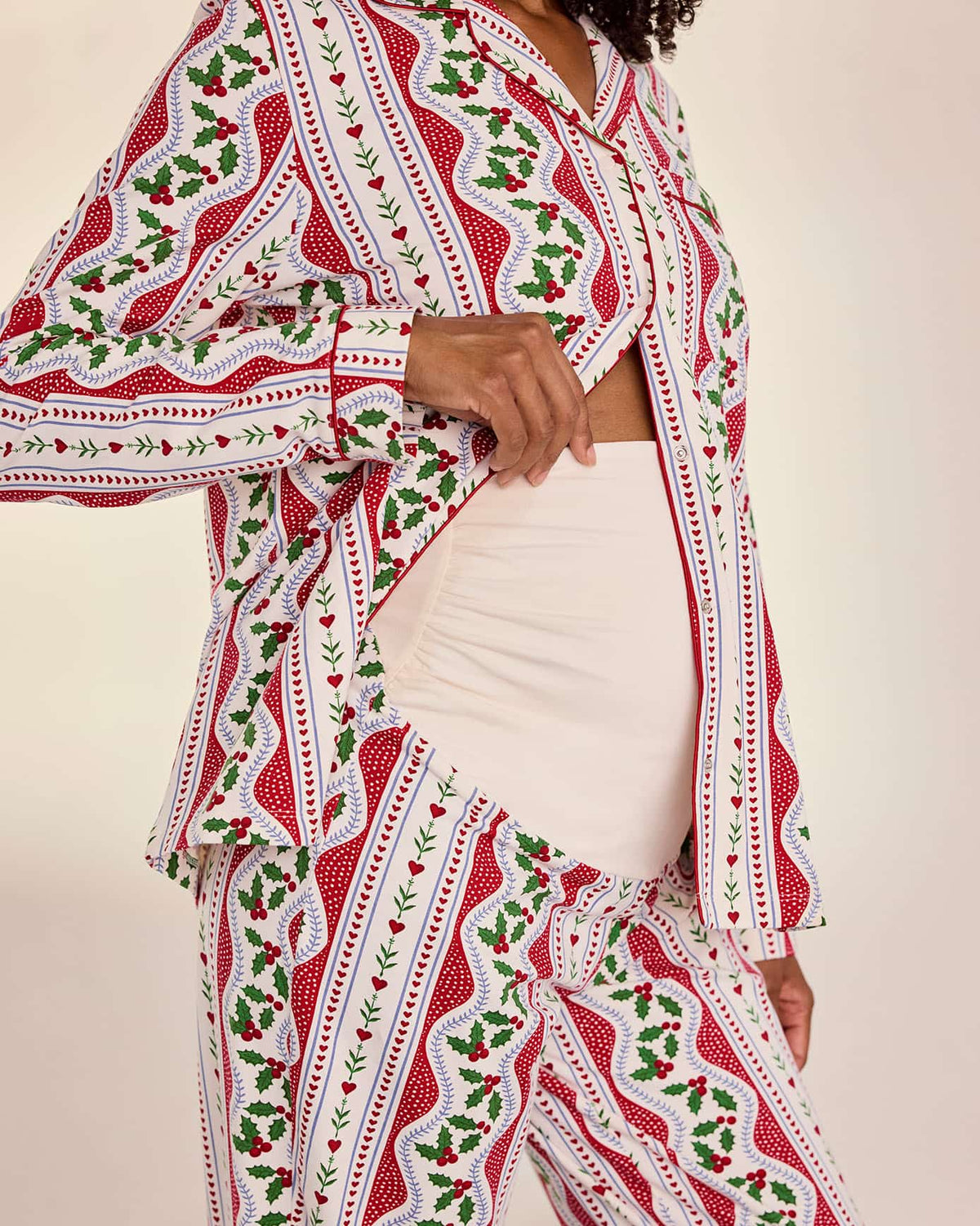 Maternity Organic Cotton Garland Holly Stripe Print Long Pyjama Set