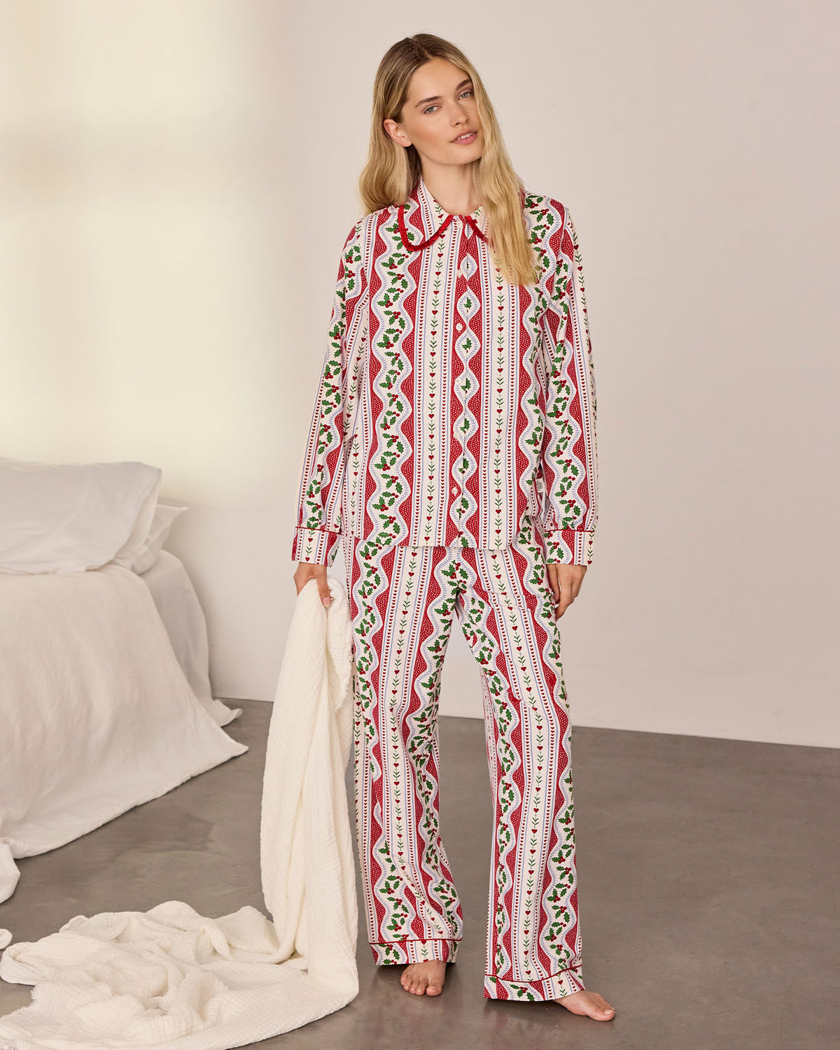 Petite Organic Cotton Garland Holly Stripe Print Long Pyjama Set