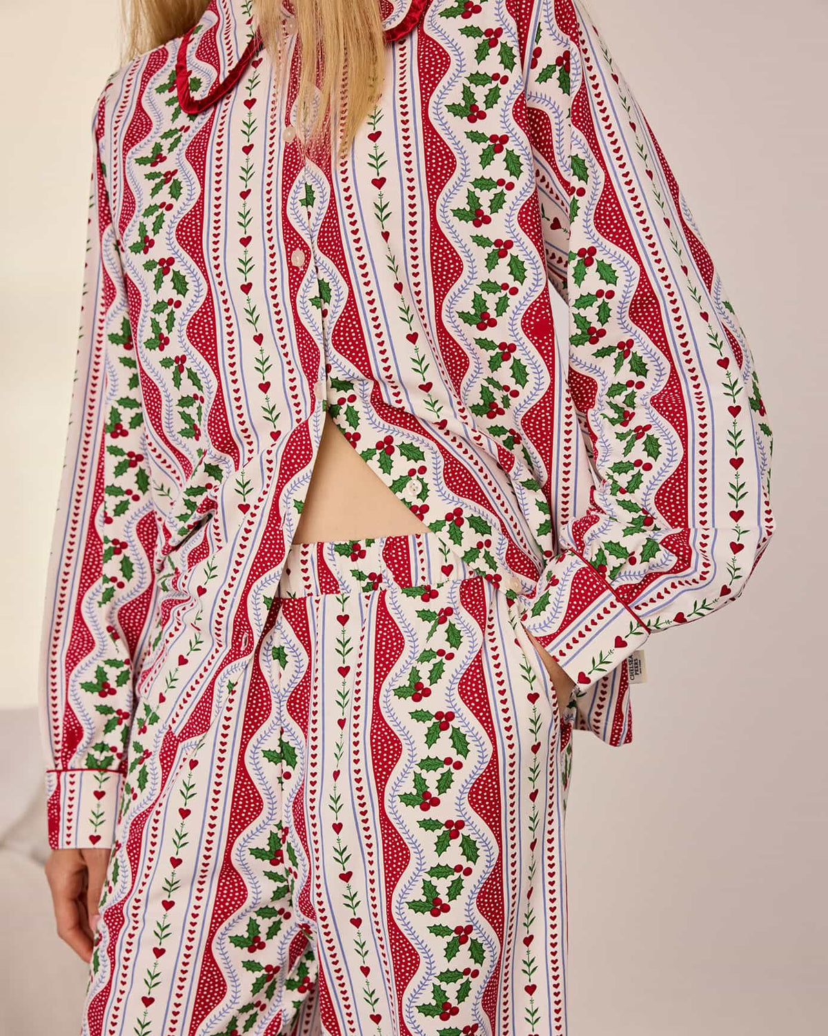 Tall Organic Cotton Garland Holly Stripe Print Long Pyjama Set