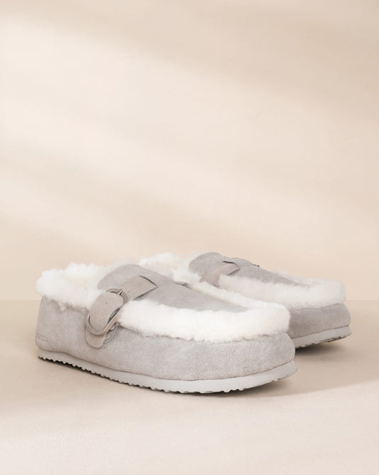 Suede Cowhide Buckle Detail Moccasin Slippers - Grey