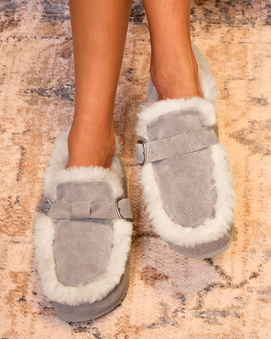 Suede Leather Buckle Detail Moccasin Slippers - Grey