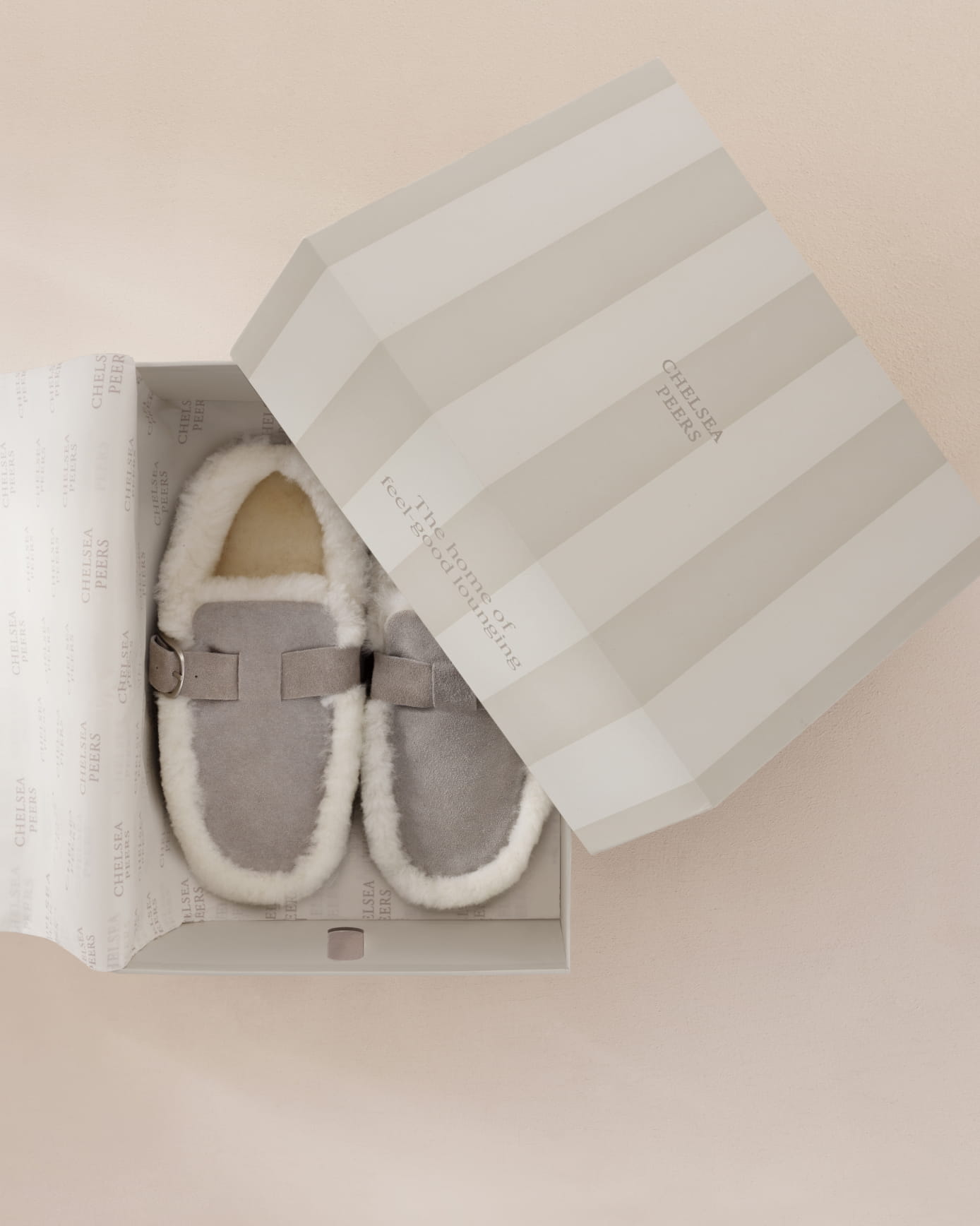 Suede Cowhide Buckle Detail Moccasin Slippers - Grey