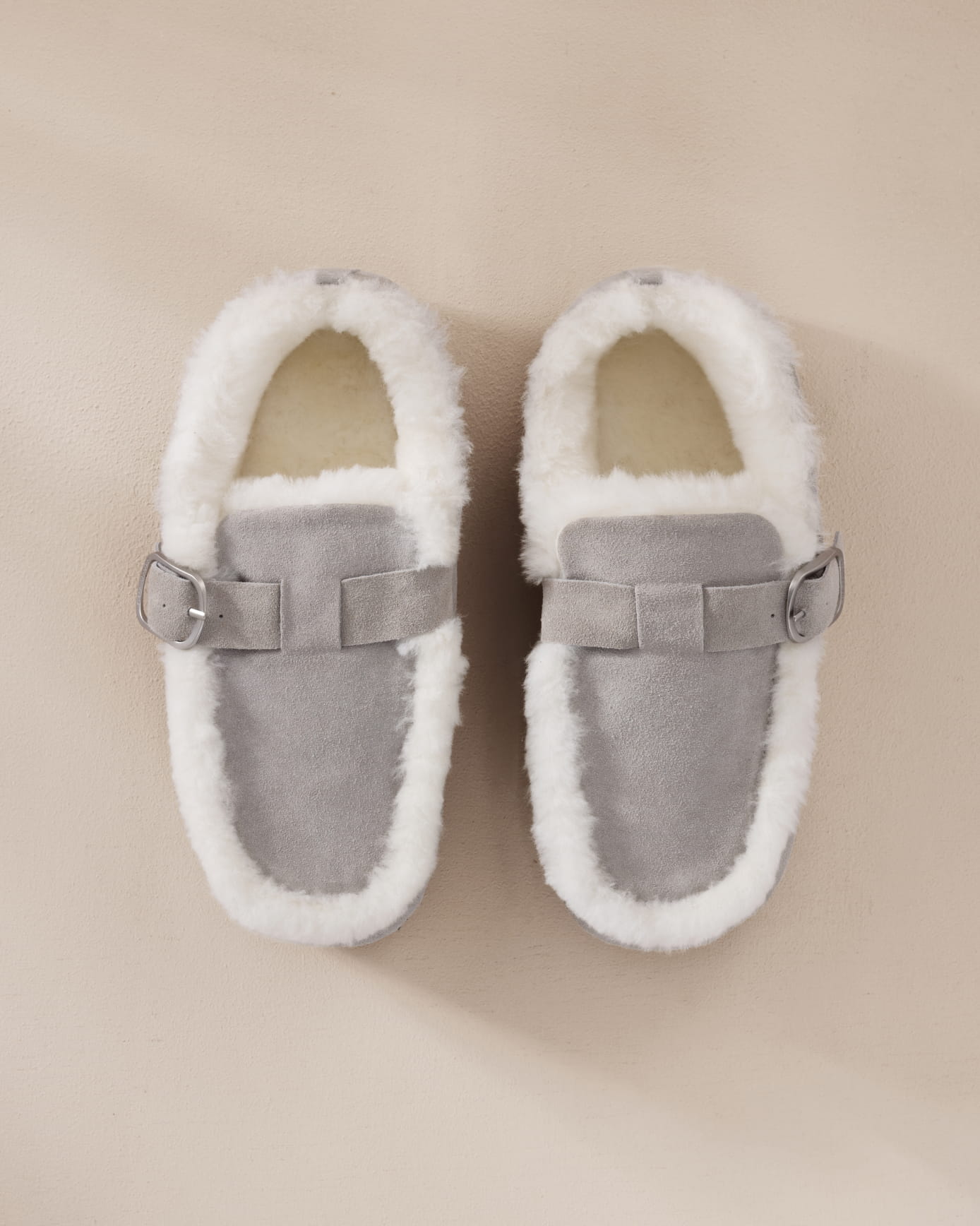 Suede Cowhide Buckle Detail Moccasin Slippers - Grey