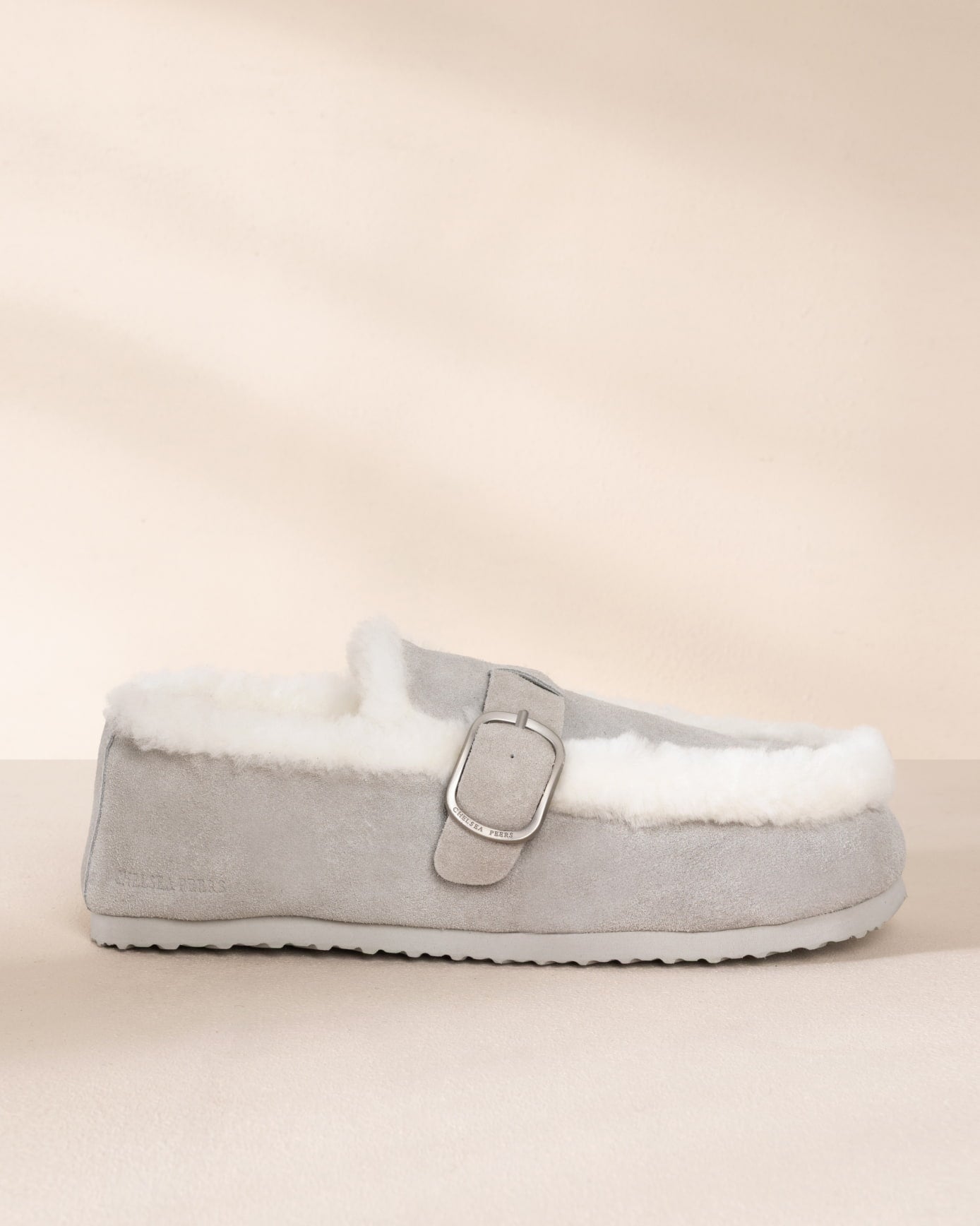 Suede Cowhide Buckle Detail Moccasin Slippers - Grey