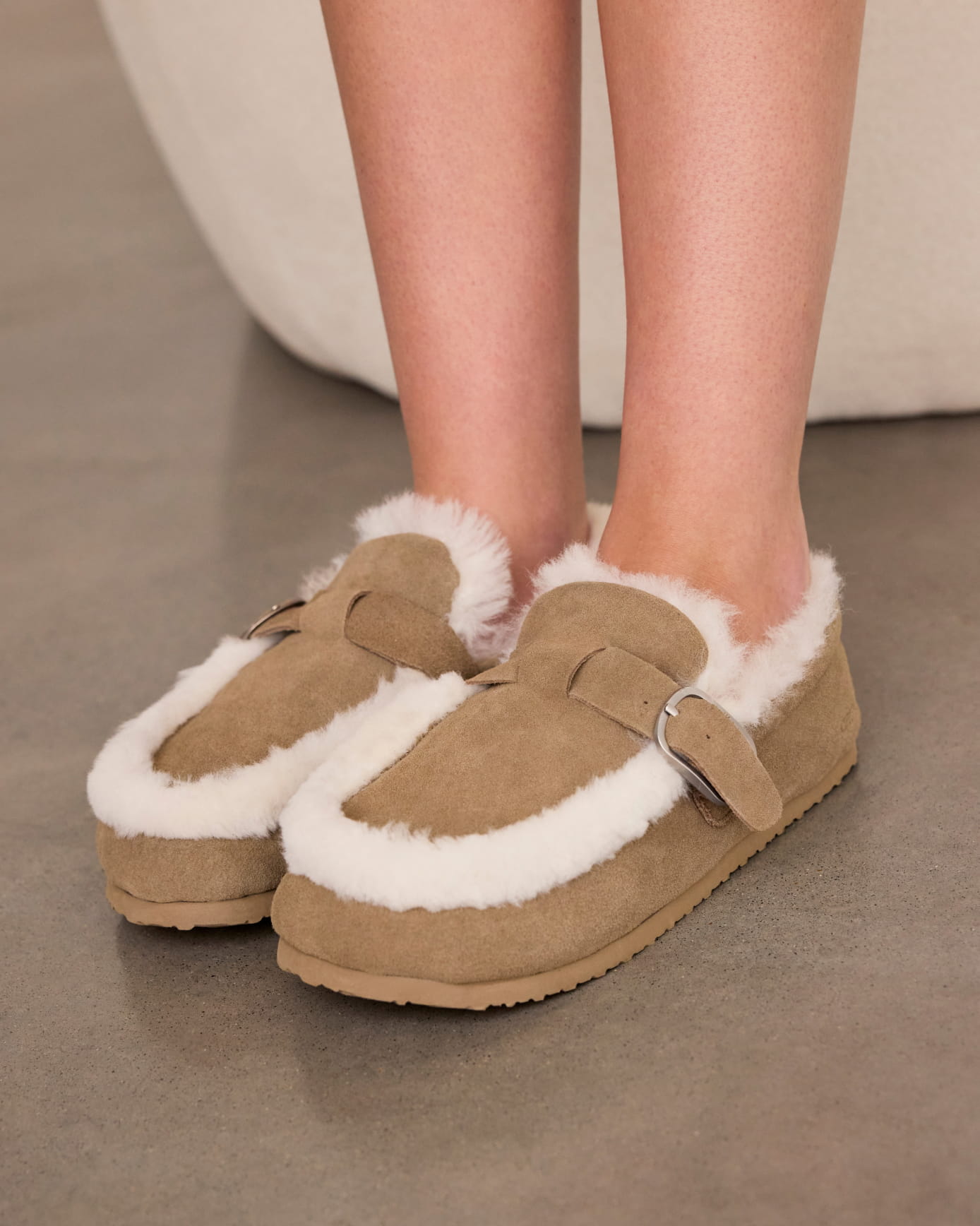 Suede Cowhide Buckle Detail Moccasin Slippers - Camel