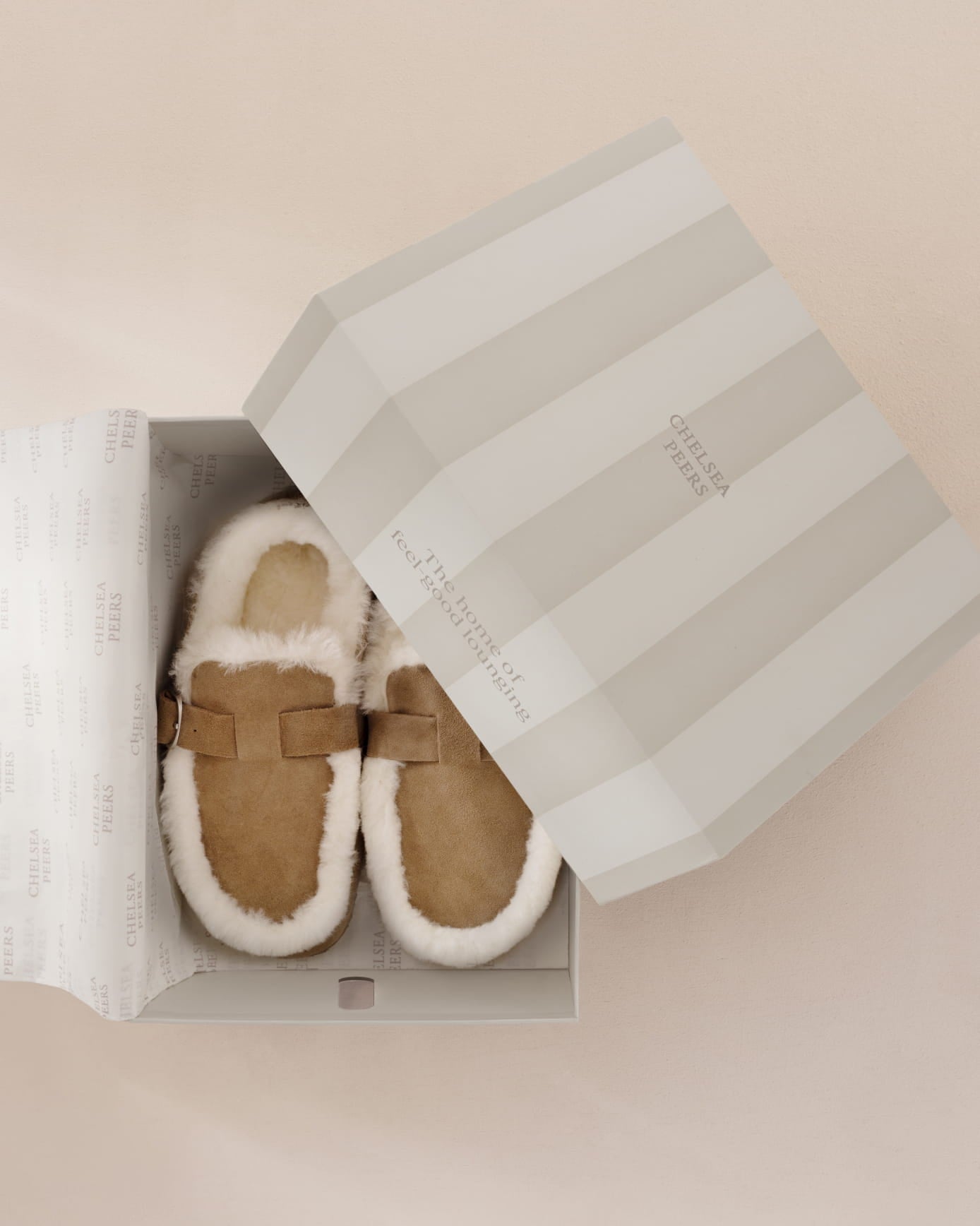 Suede Cowhide Buckle Detail Moccasin Slippers - Camel