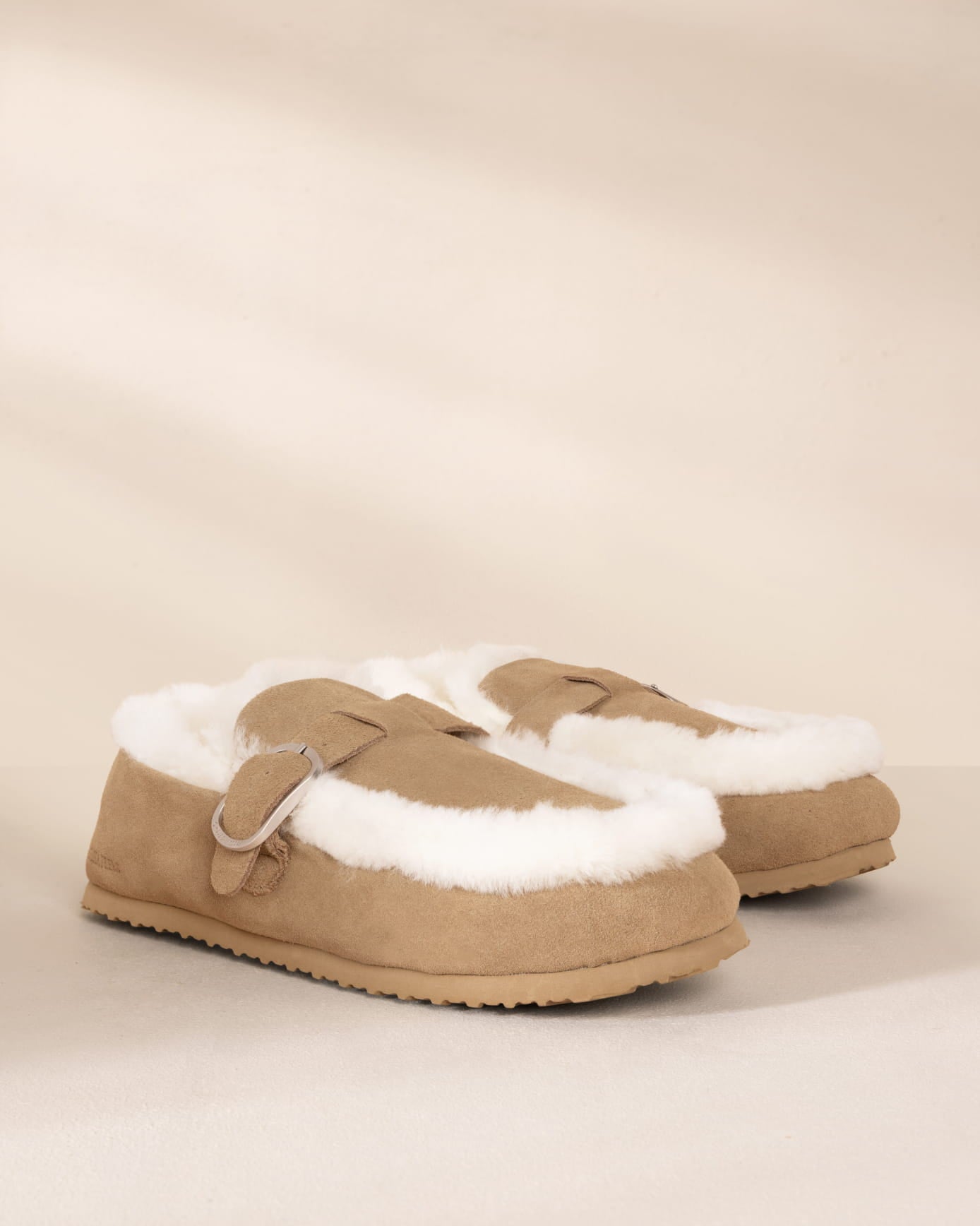 Suede Cowhide Buckle Detail Moccasin Slippers - Camel