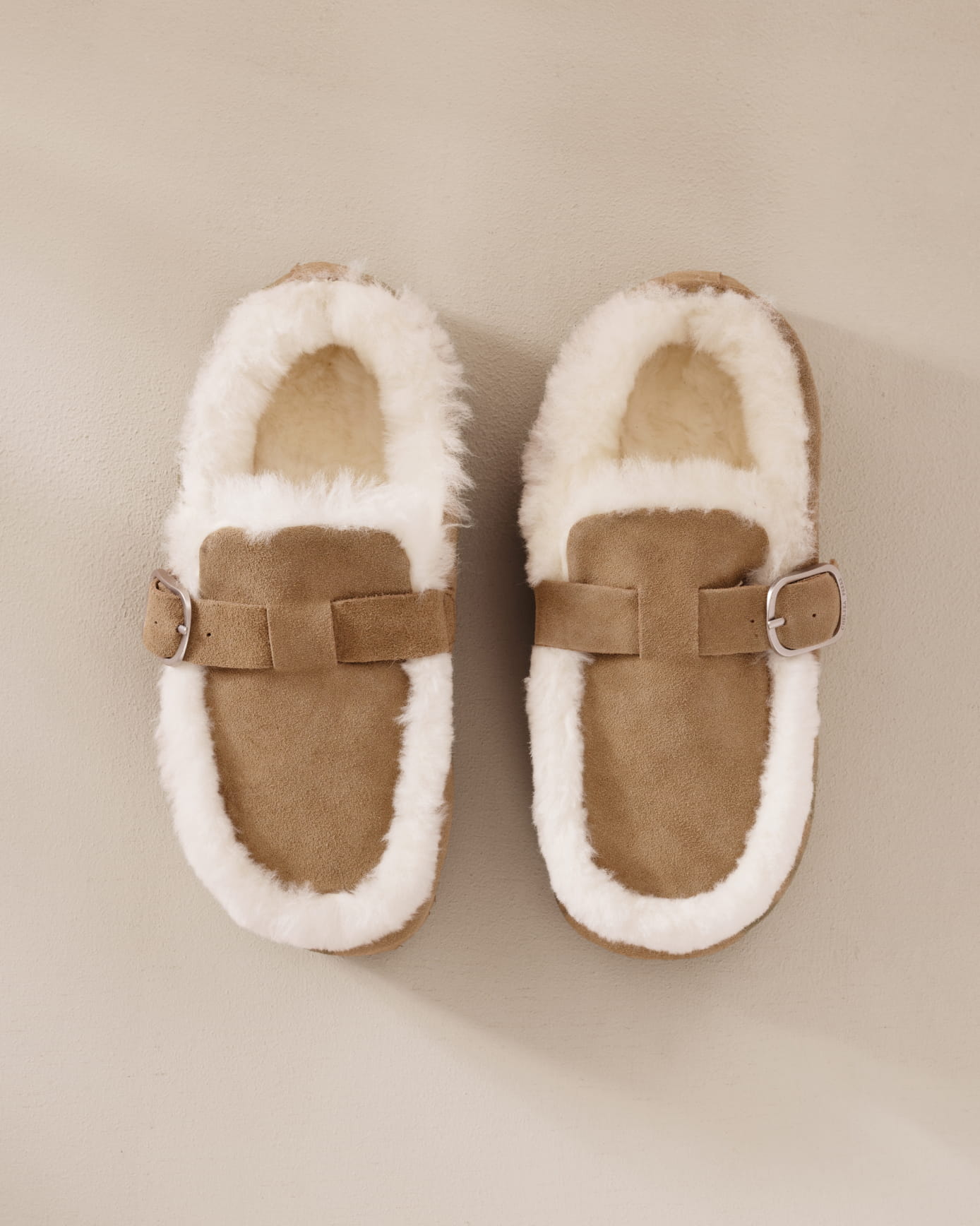 Suede Cowhide Buckle Detail Moccasin Slippers - Camel