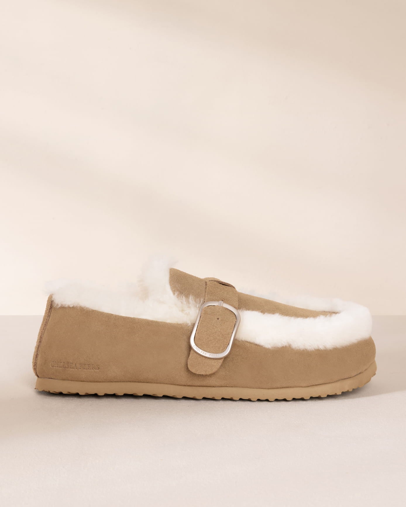 Suede Cowhide Buckle Detail Moccasin Slippers - Camel