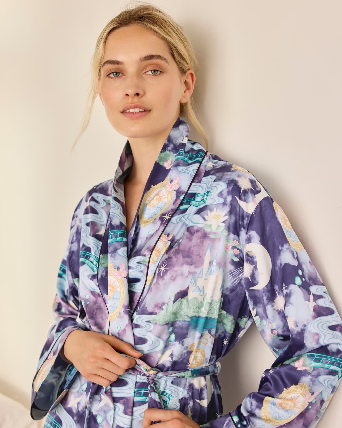 Satin Dreamscape Kingdom Print Kimono Dressing Gown