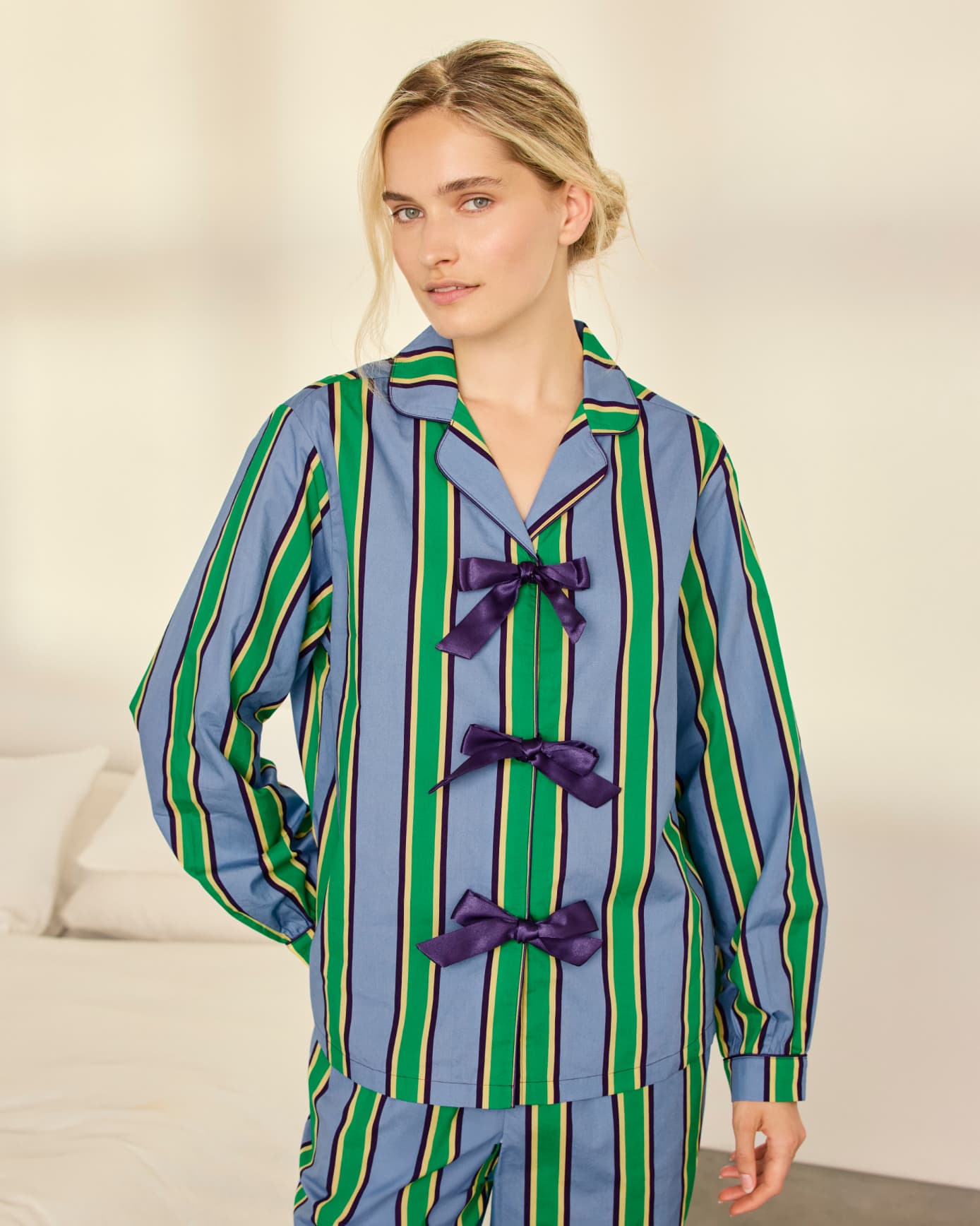 Tall Organic Cotton Jewel Stripe Button Up Long Pyjama Set
