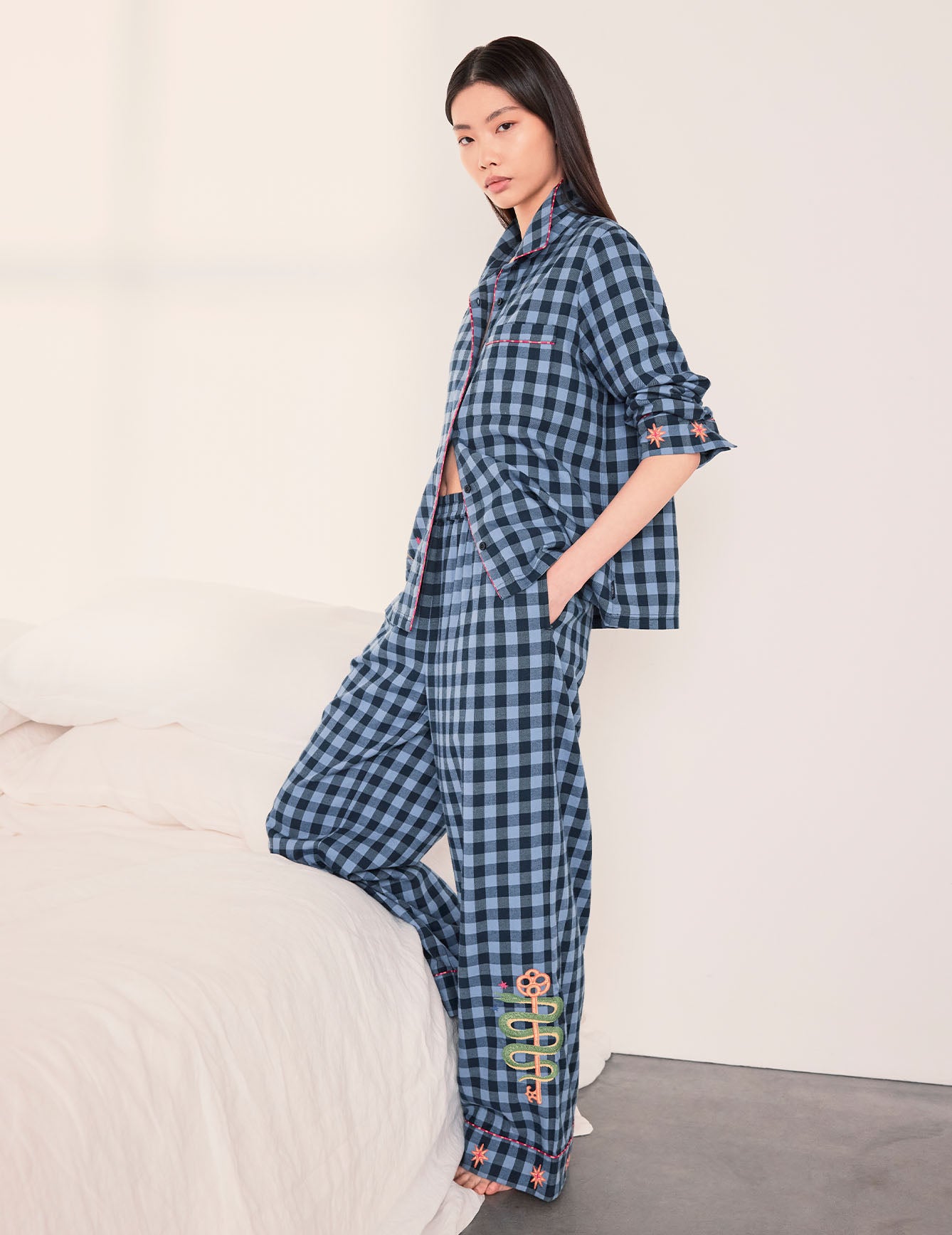 Organic Cotton Embroidered Gingham Mythical Dragon Print Long Pyjama Set