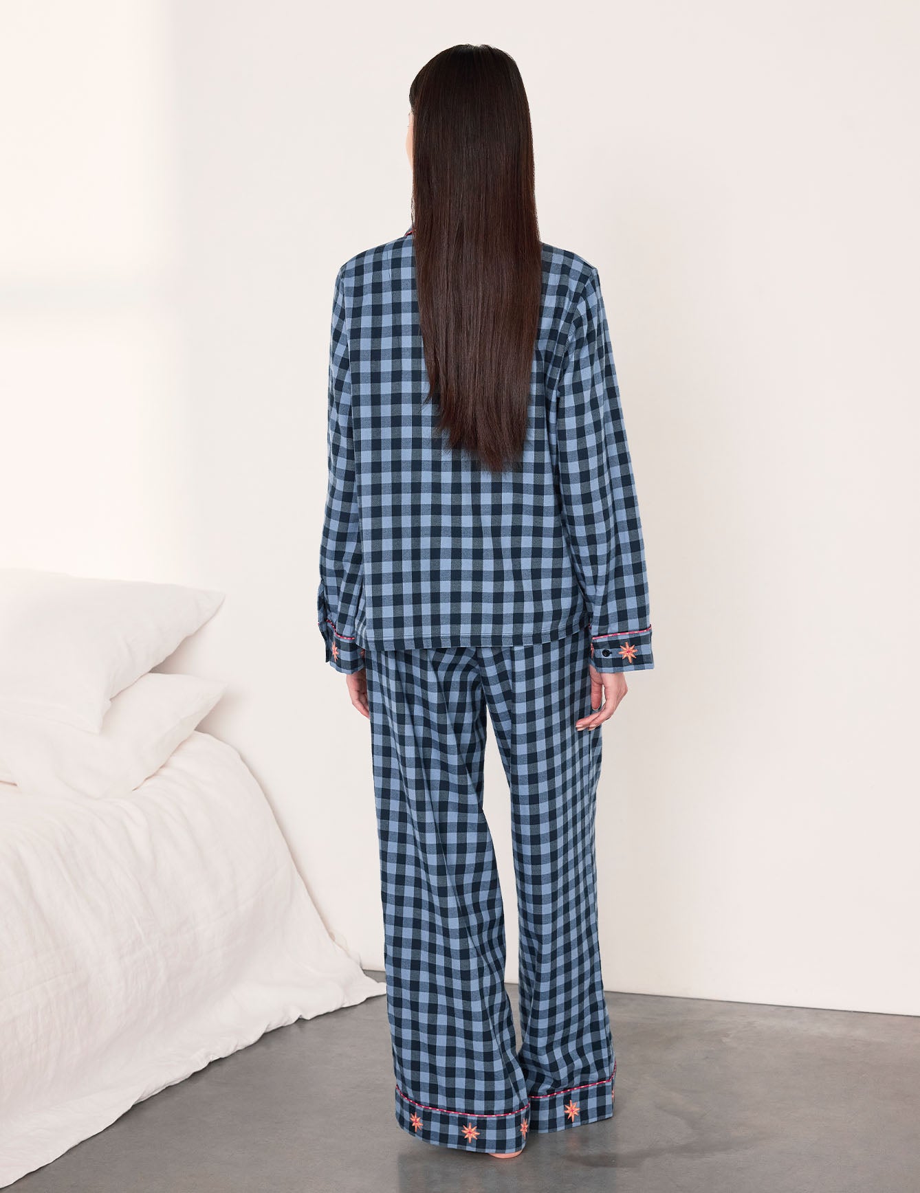 Organic Cotton Embroidered Gingham Mythical Dragon Print Long Pyjama Set
